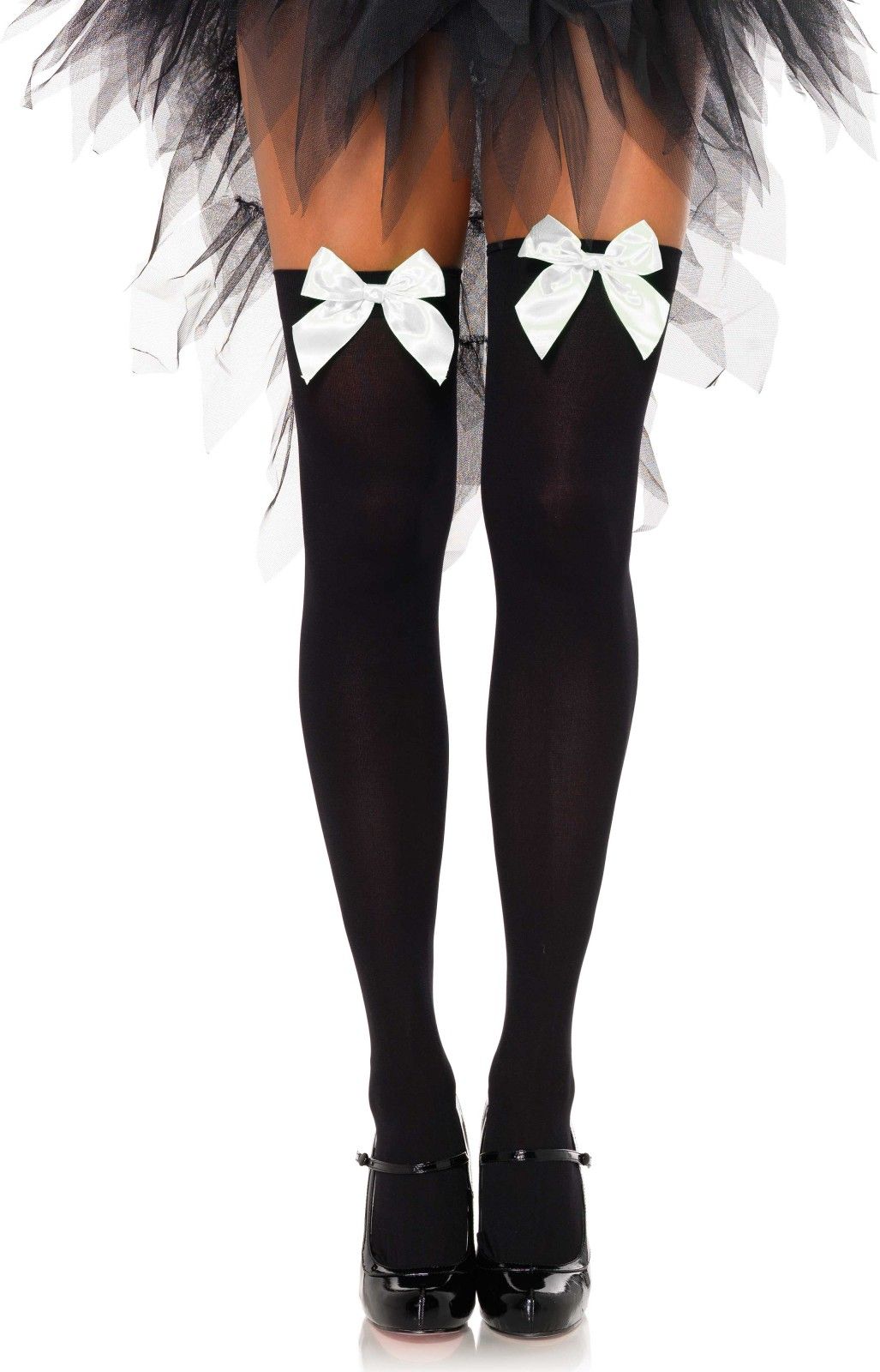 Nylon Kniekousen Zwart met Strik