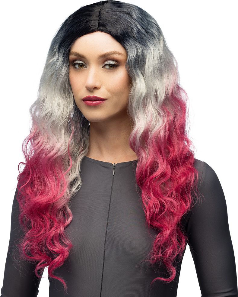 Ombre Pruik Dames Zwart Grijs Roze Lang Krullend