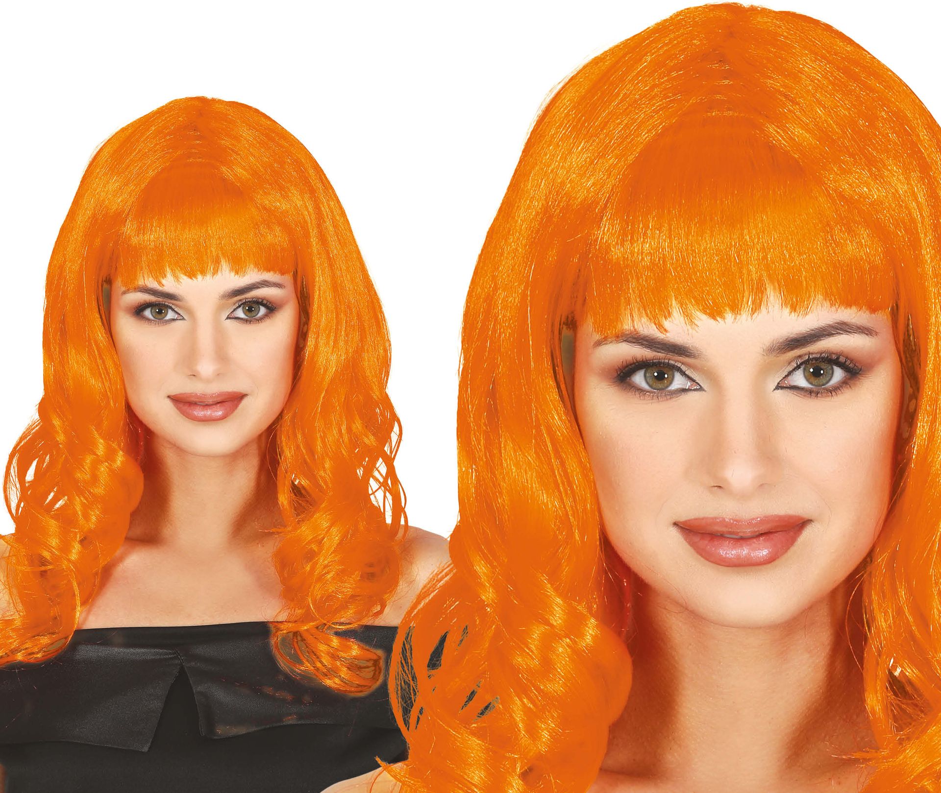 Oranje Dames Pruik Lang Krullend met Pony