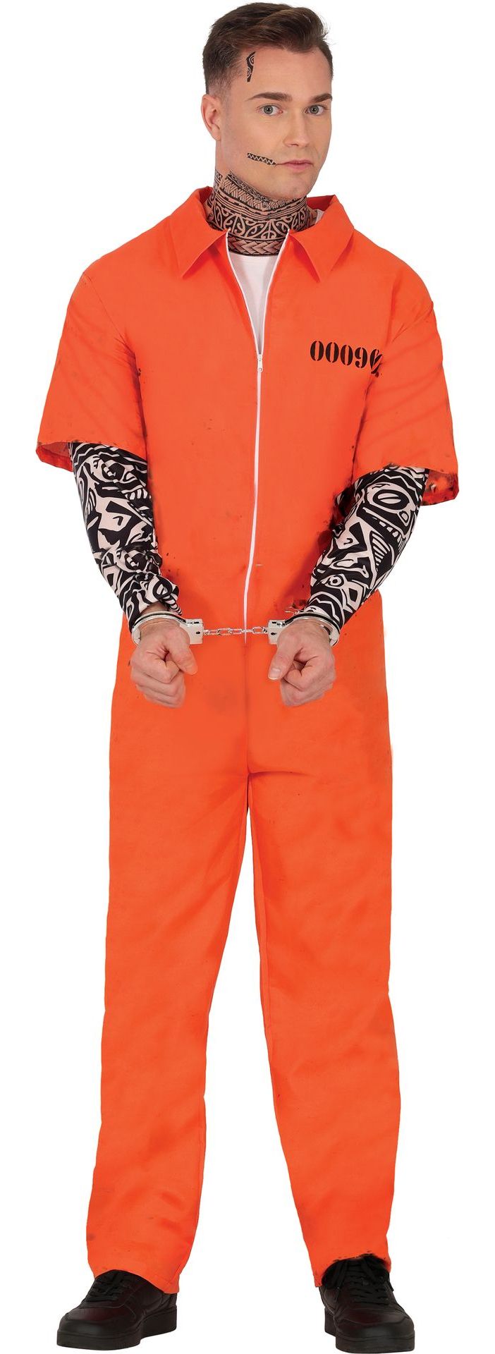 Oranje Gevangene Overall met Nep Tattoo Sleeve Volwassenen