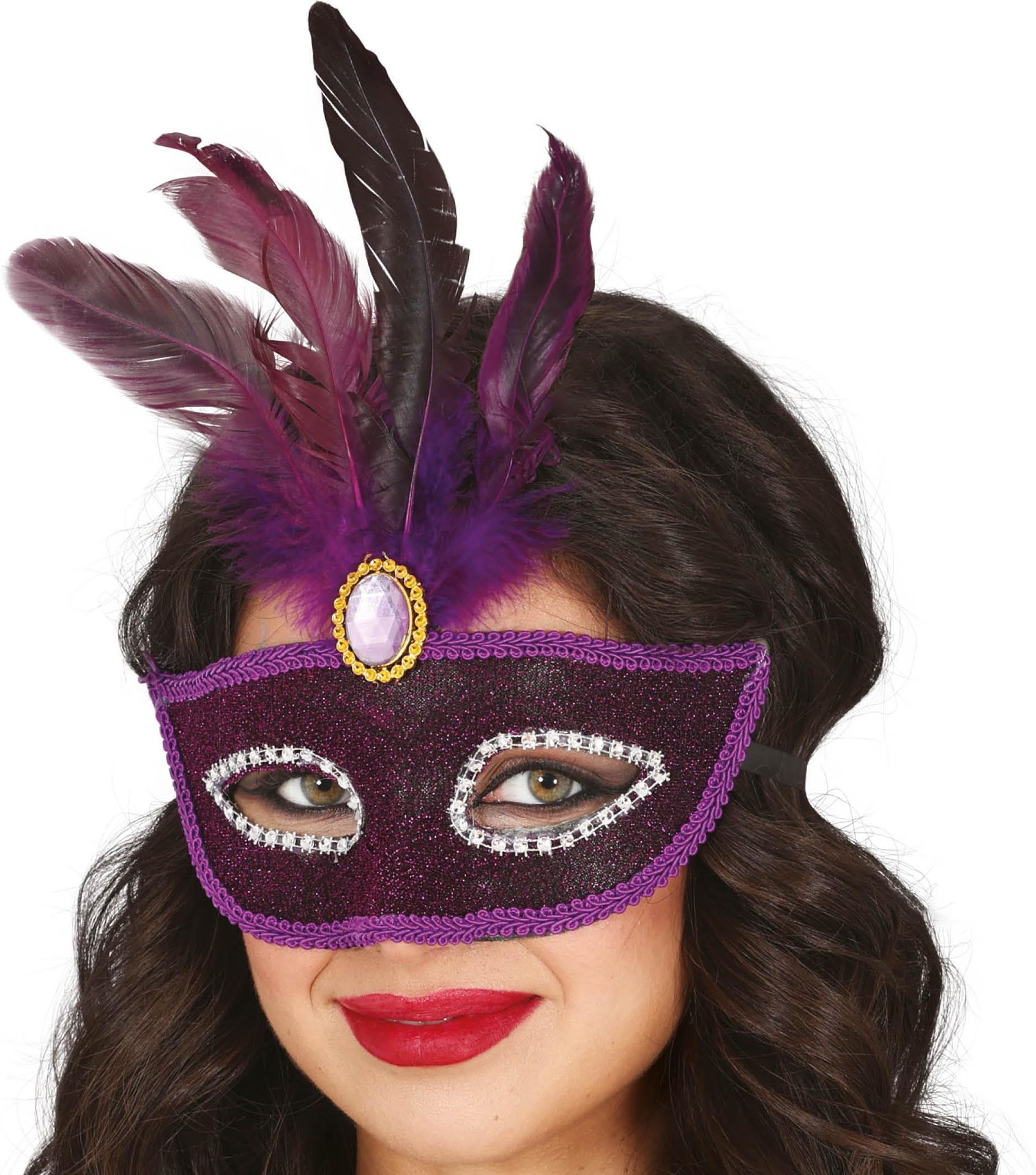 Paars Masker met Veren Venetiaans Carnaval