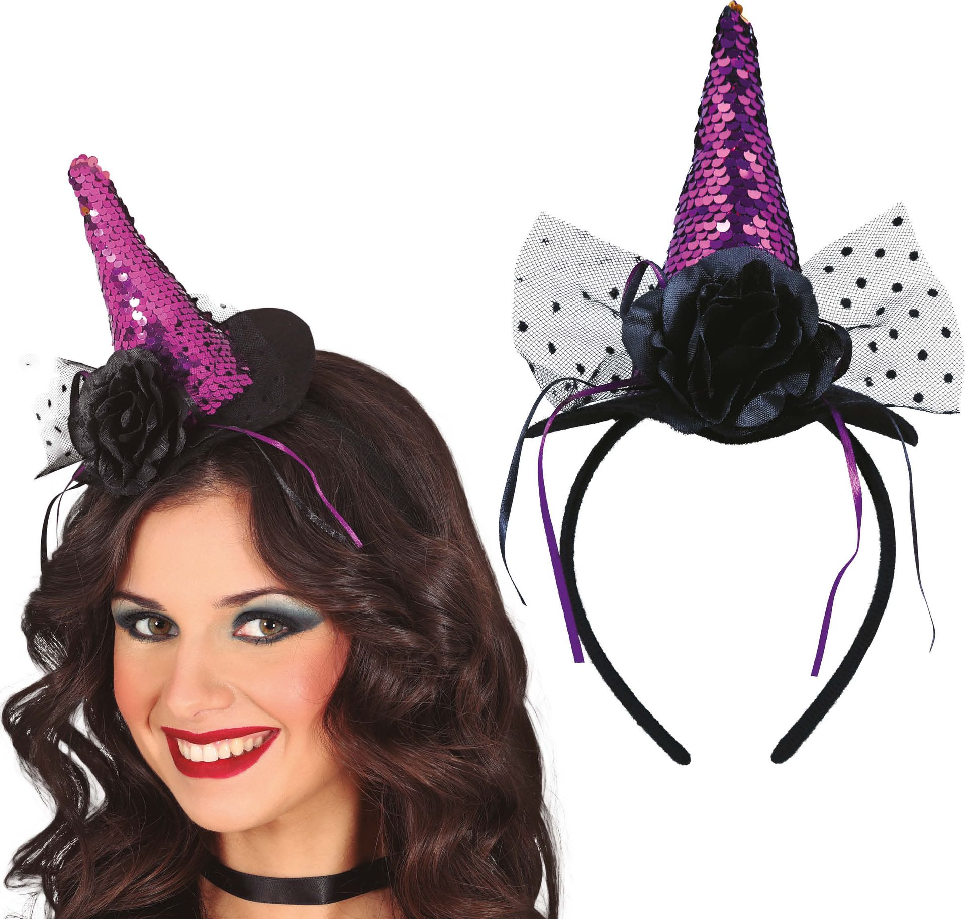 Paarse Pailletten Mini Heksenhoed Haarband