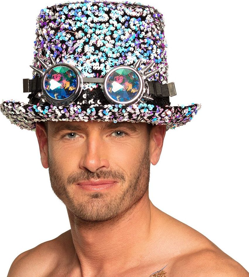 Pailletten Steampunk Hoed met Bril Zilver