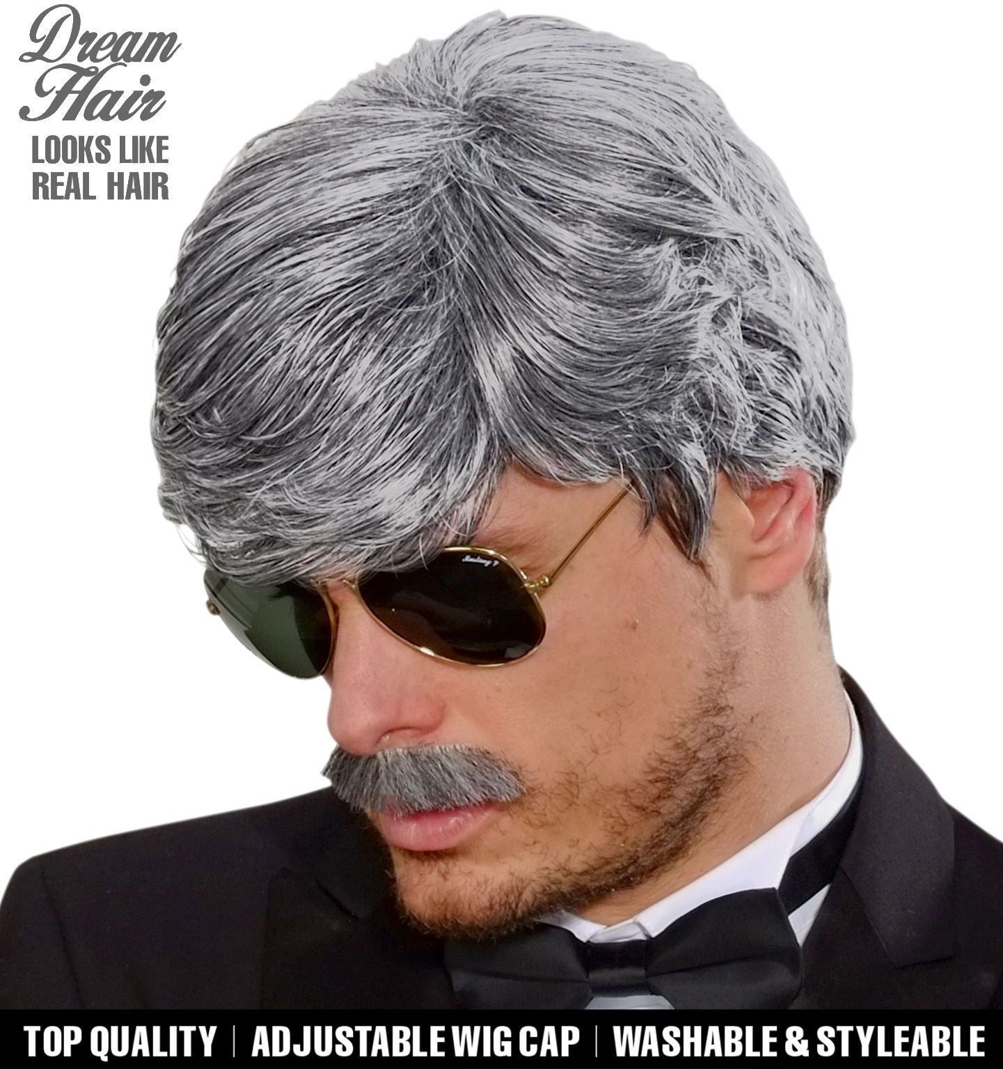 Playboy Pruik met Snor Grijs