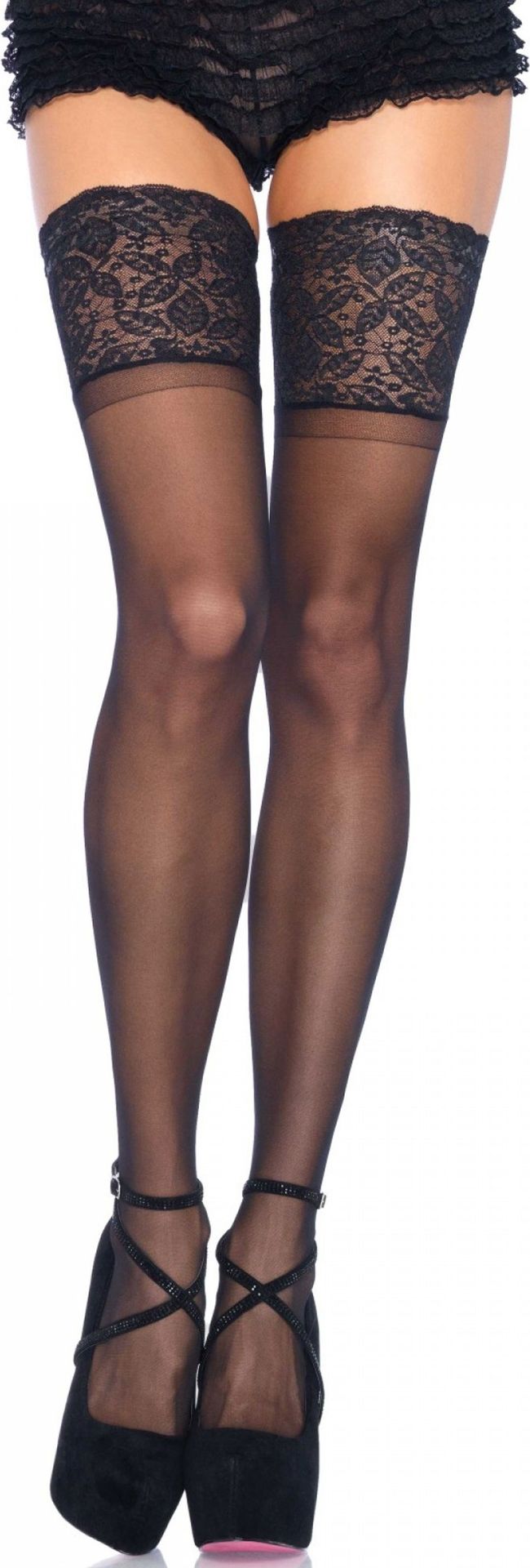 Plus Size Zwarte Kniekousen met Brede Kanten Top