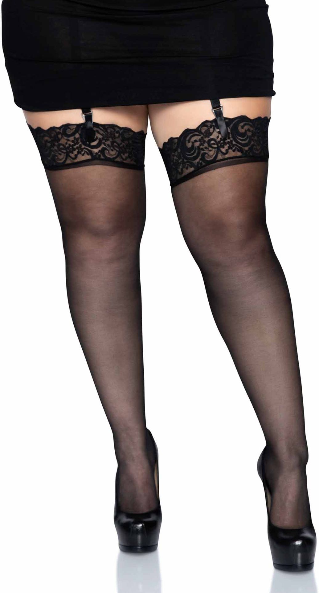 Plus Size Zwarte Nylon Transparante Kousen met Kanten Top