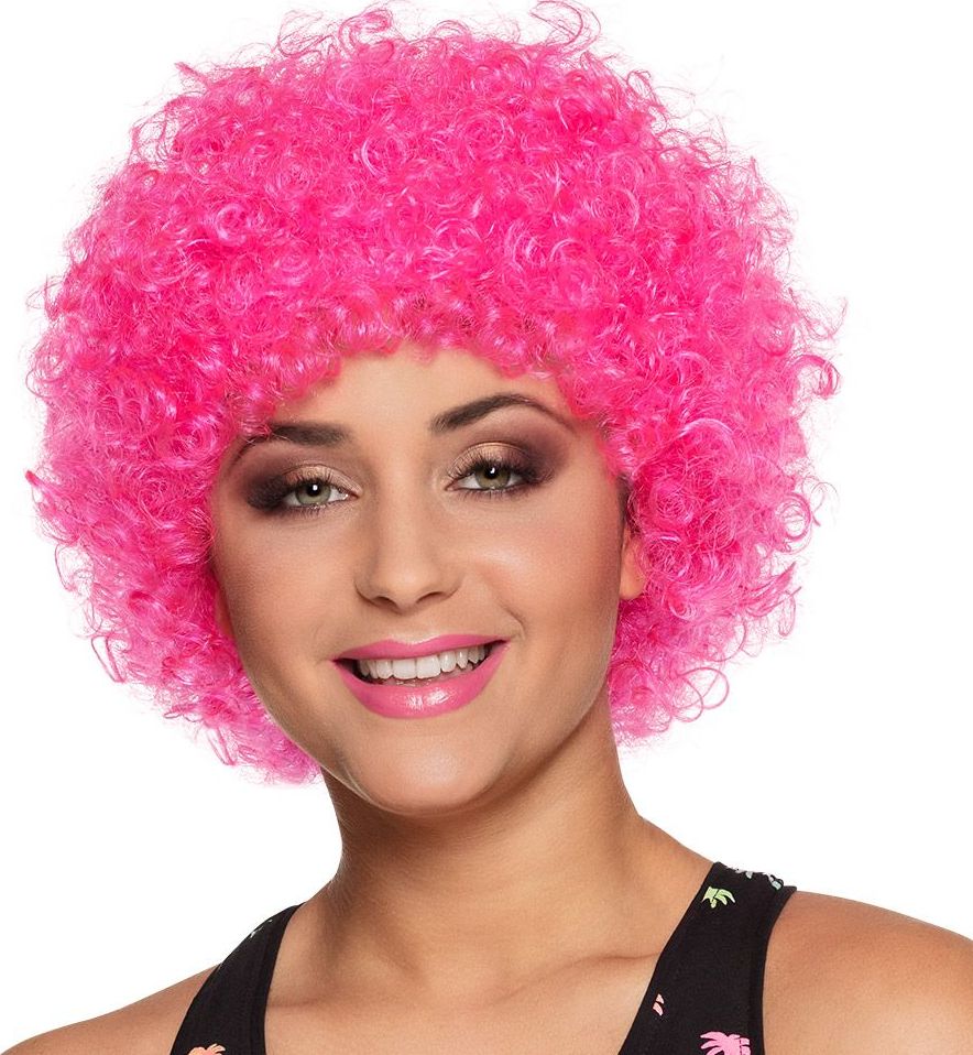 Poppy Afro Pruik Neon Roze