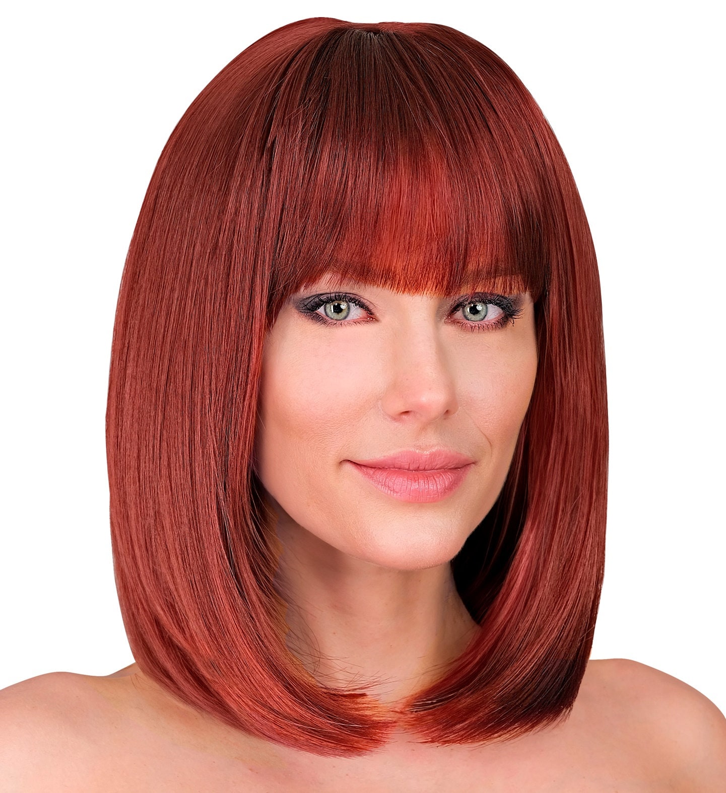 Pruik Lange Boblijn Pony Bordeaux Rood Dames Carnaval