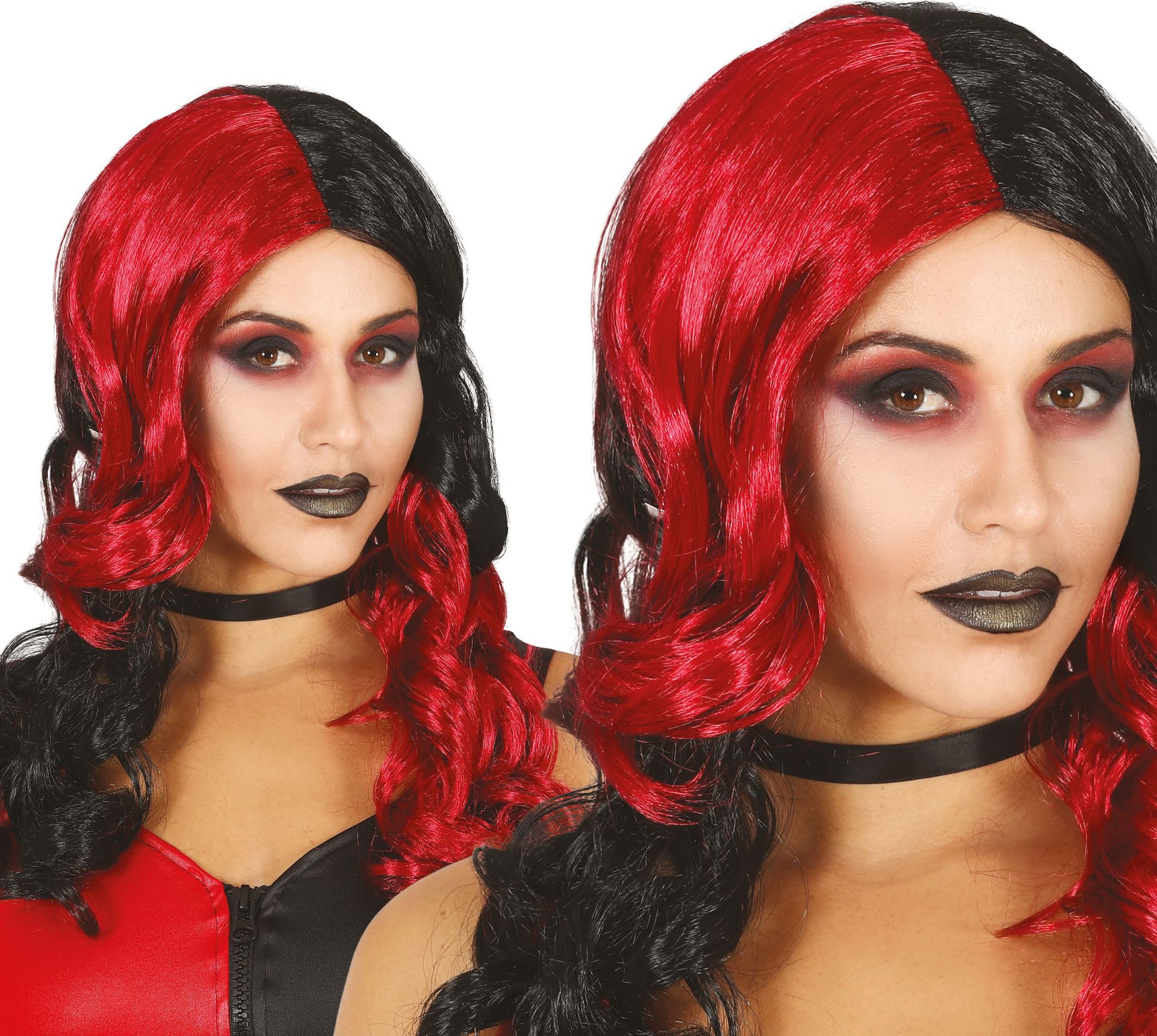 Quinn Zwarte Rode Pruik met Krullen