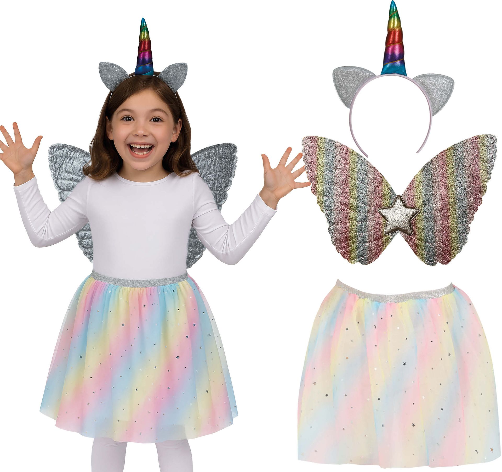 Regenboog Eenhoorn Prinses set met Vleugels 3-Delig Meisjes