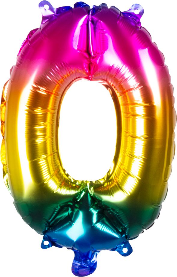 Regenboogkleurige folieballon cijfer 0