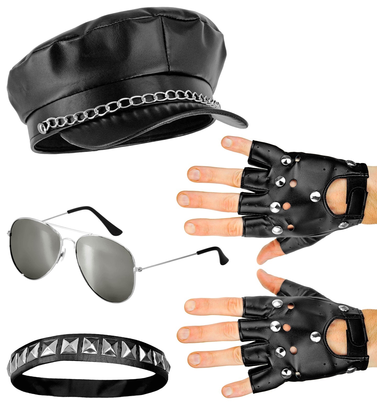 Rocker Accessoireset met Hoed Choker Handschoenen en Bril
