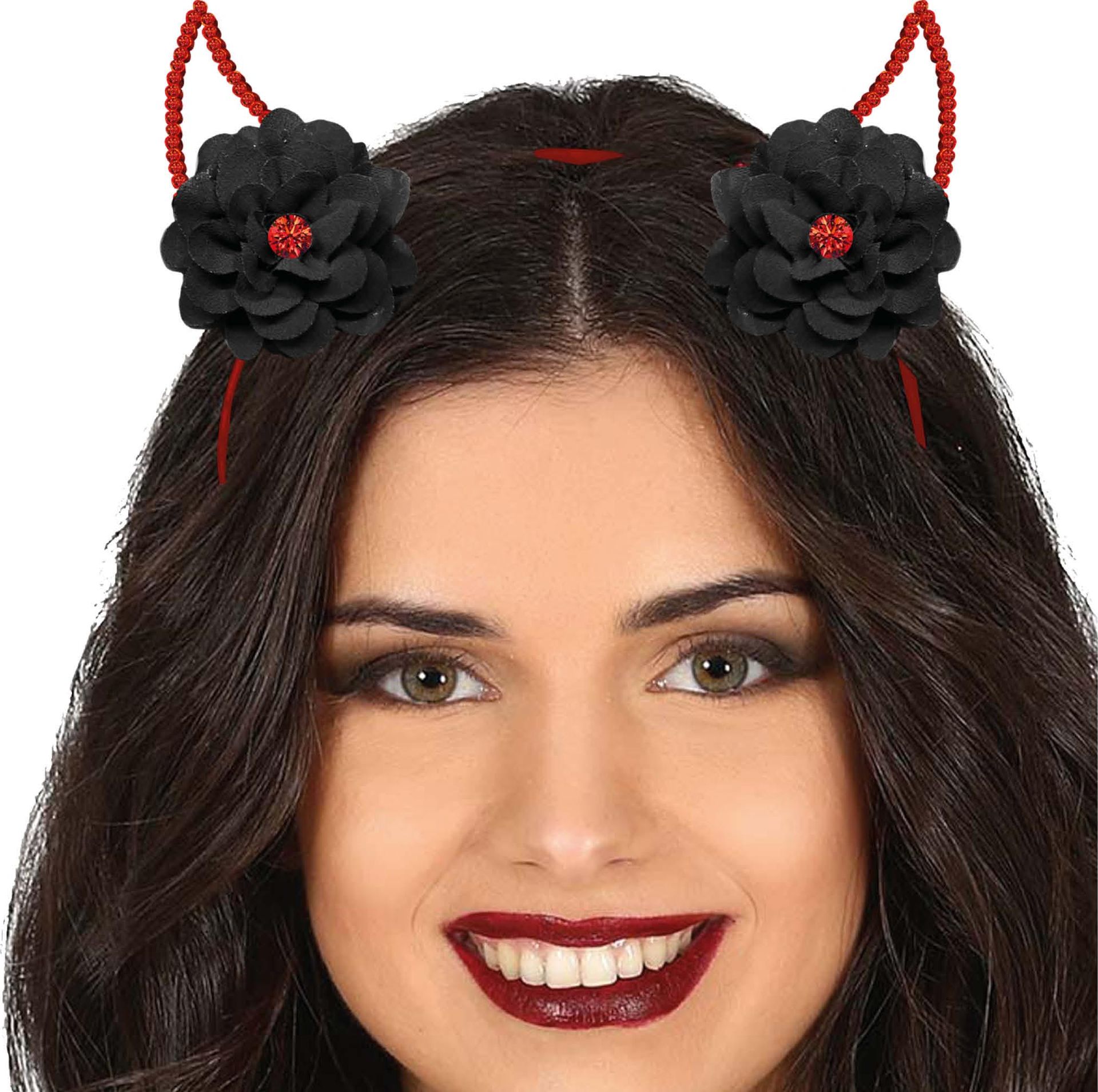 Rode Duivel Hoorntjes Haarband met Bloemen
