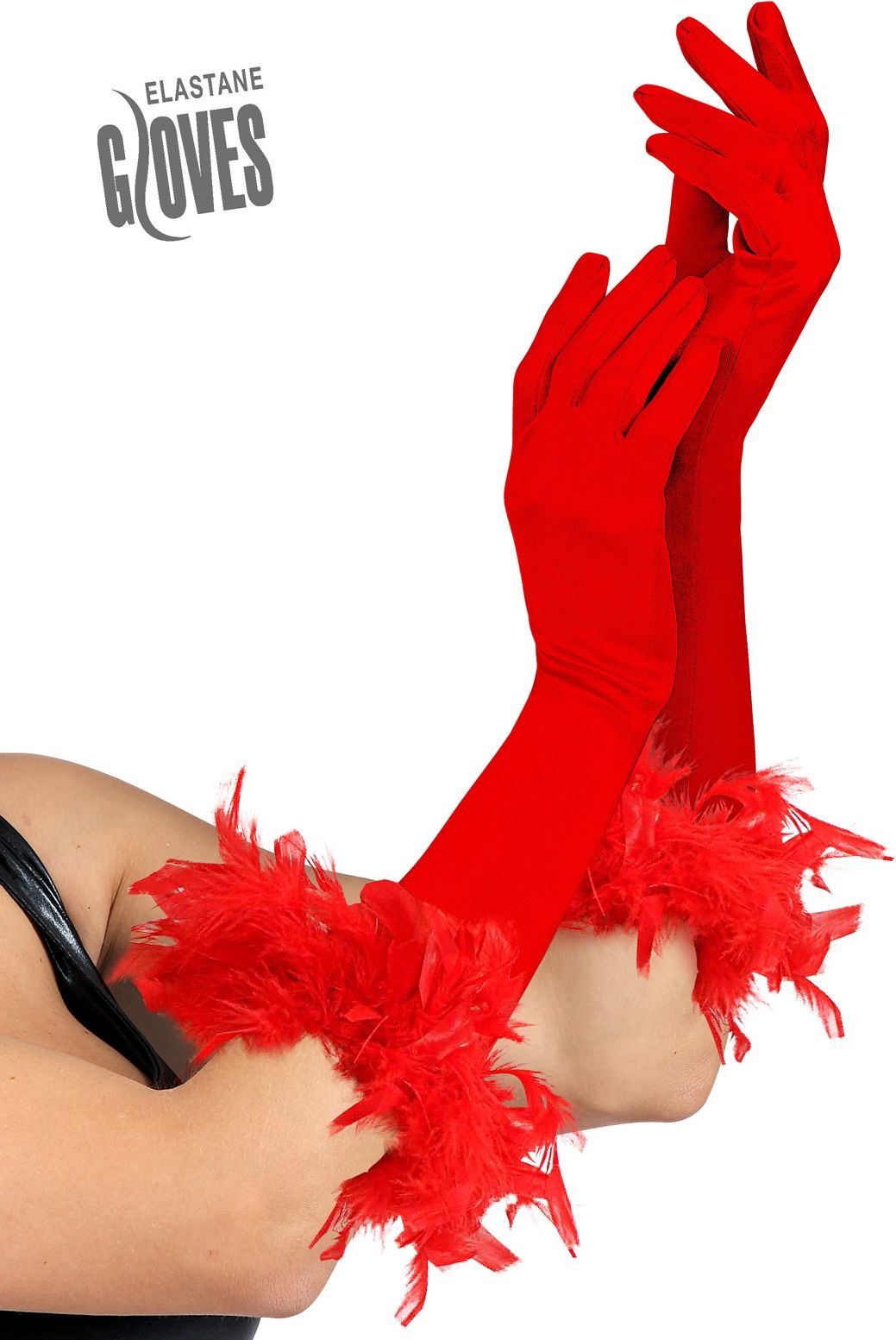 Rode gala handschoenen met veren