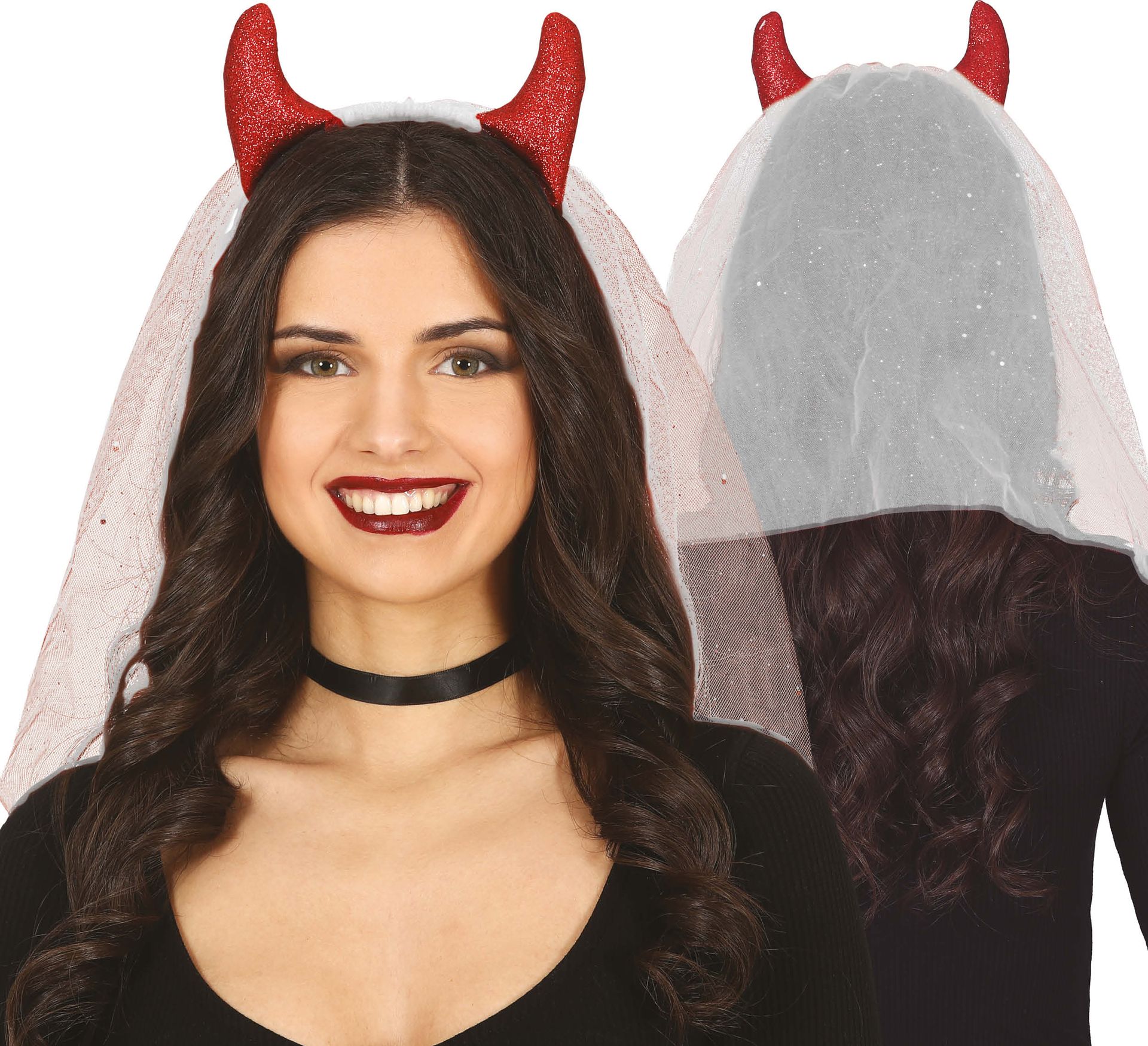 Rode Glitter Duivel Oortjes met Sluier