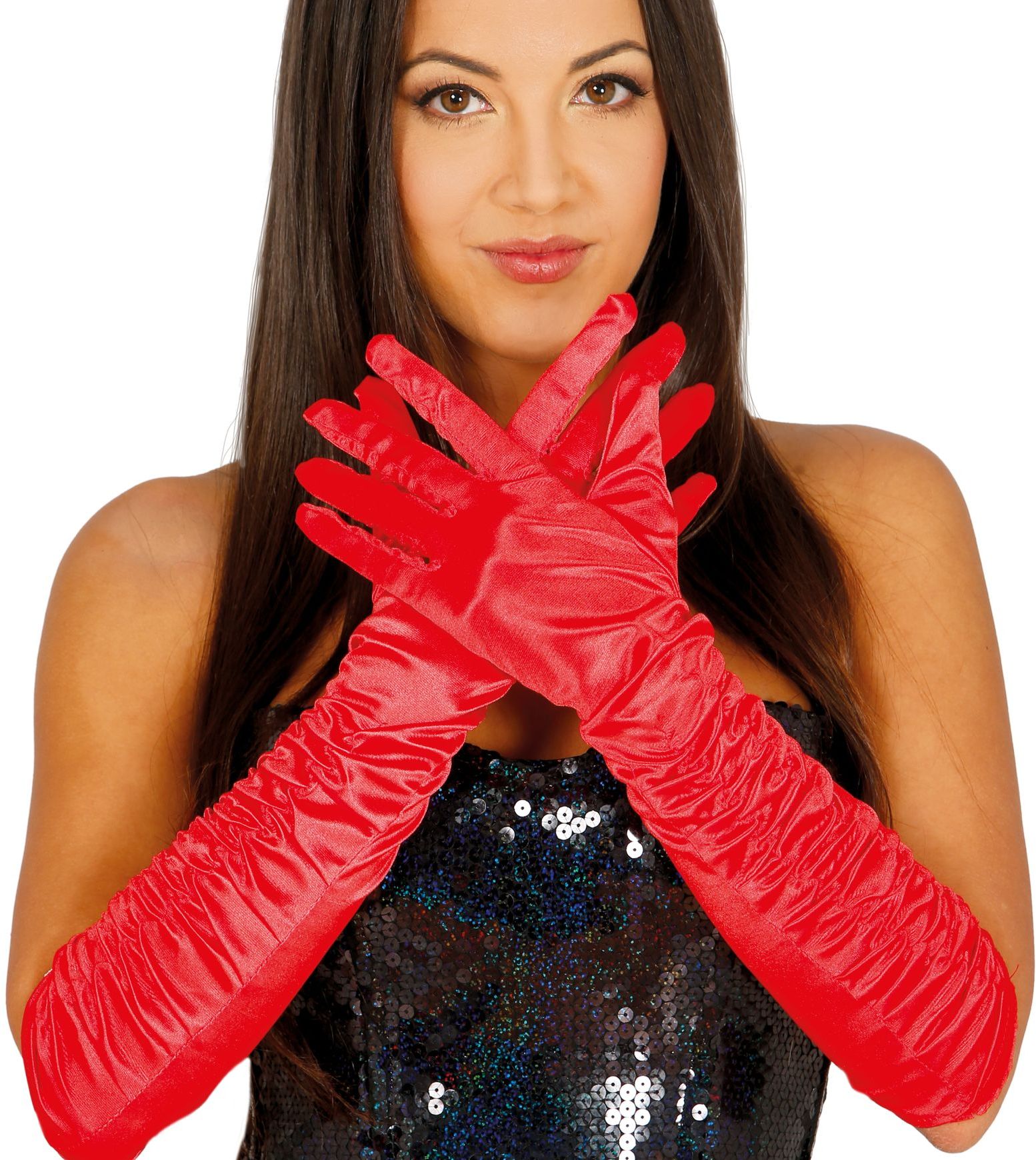 Rode lange gerimpelde handschoenen