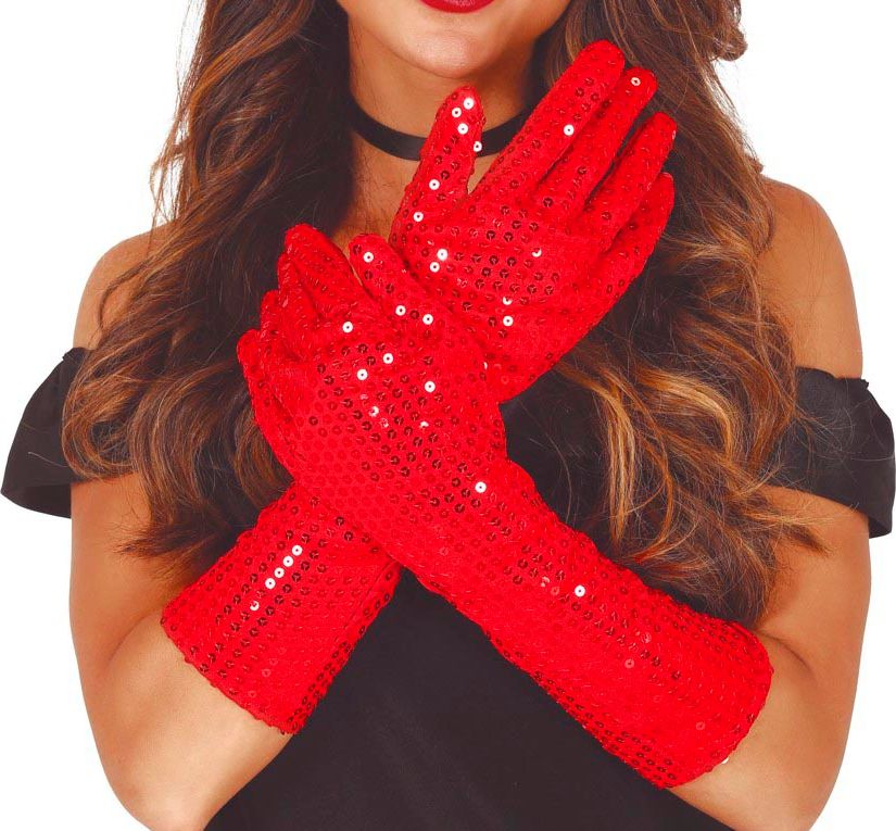 Rode Lange Pailletten Handschoenen