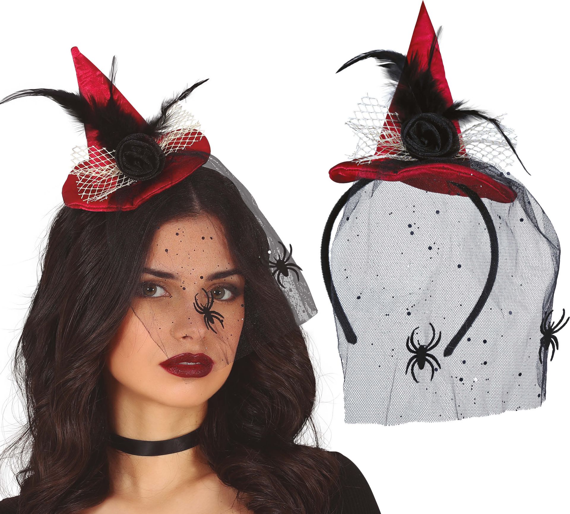 Rode Mini Heksenhoed Tiara met Roos