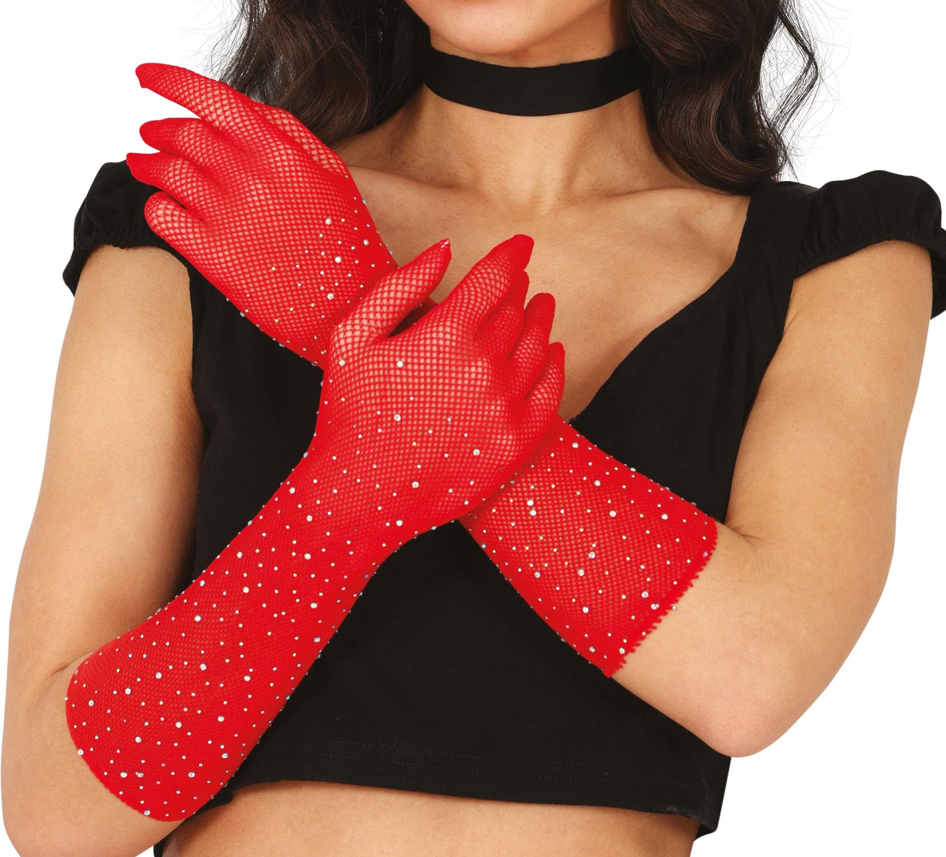 Rode Visnet Handschoenen Rijnstenen 30cm Dames