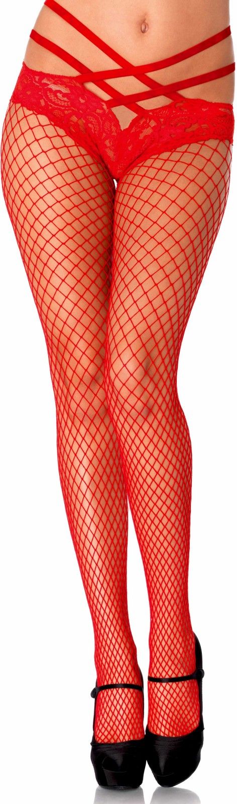 Rode Visnet Panty met Vastzittende Slip Van Kant met Bandjes