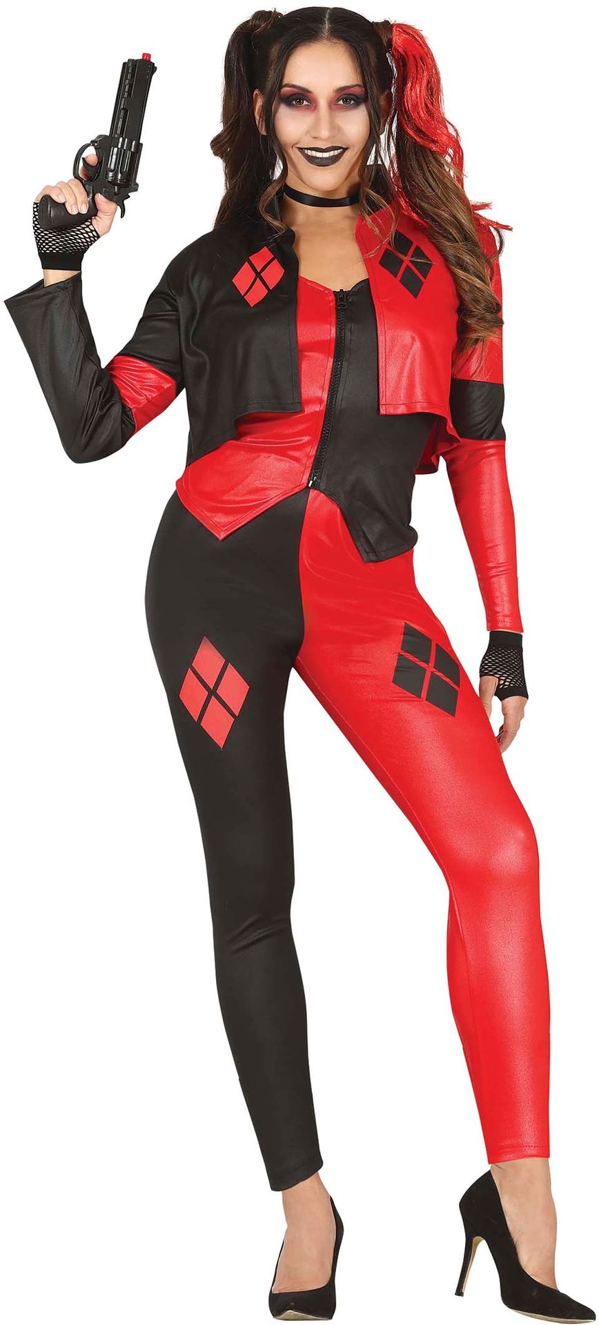 Rood zwart Harley Quinn kostuum vrouw