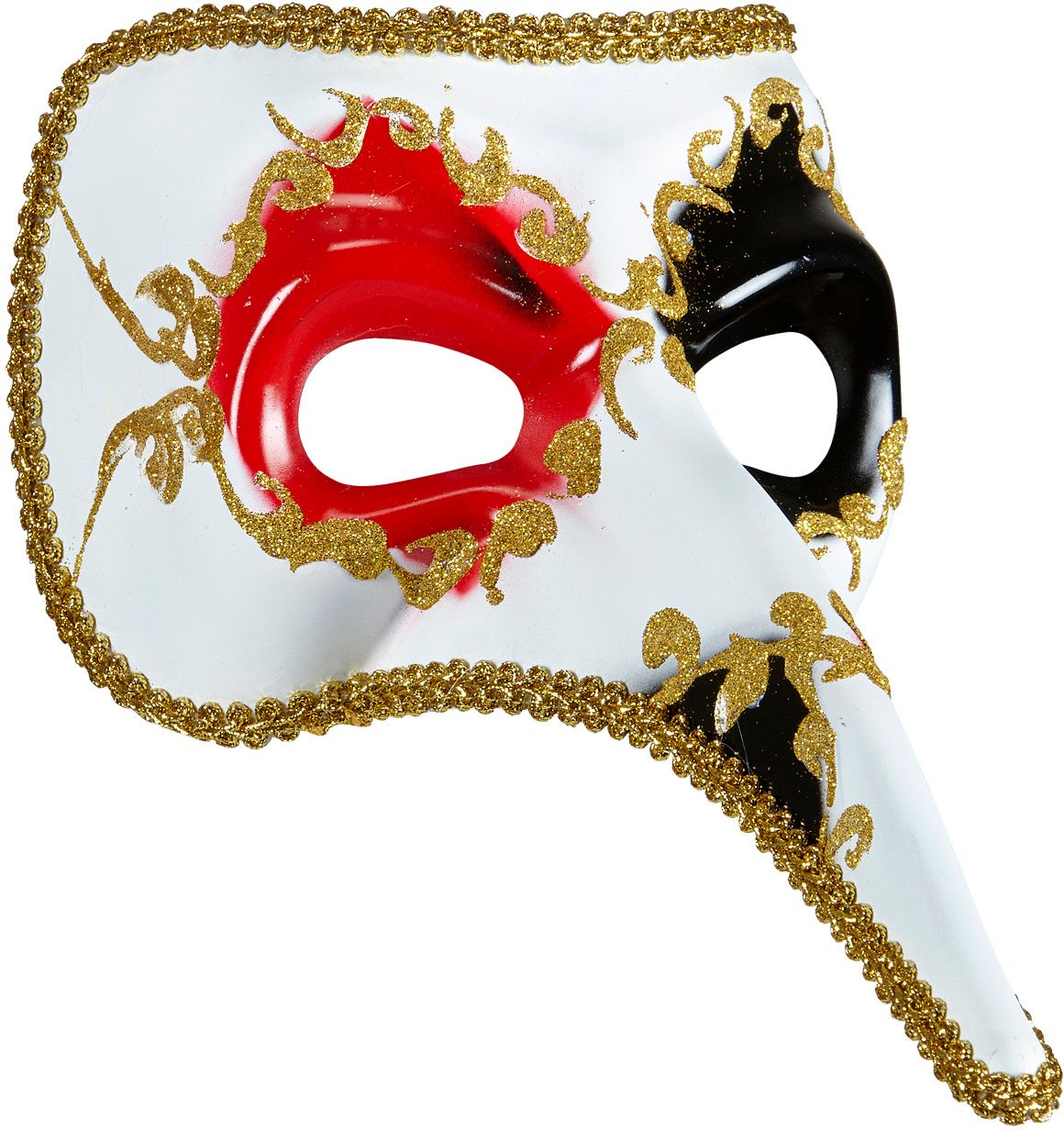 Rood-zwart venetiaans masker met lange neus