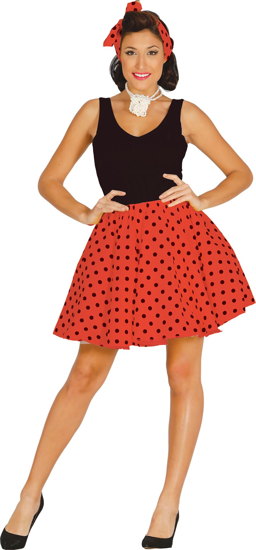 Rood Zwarte Retro 50's Polkadot Rok met Hoofdsjaal Dames