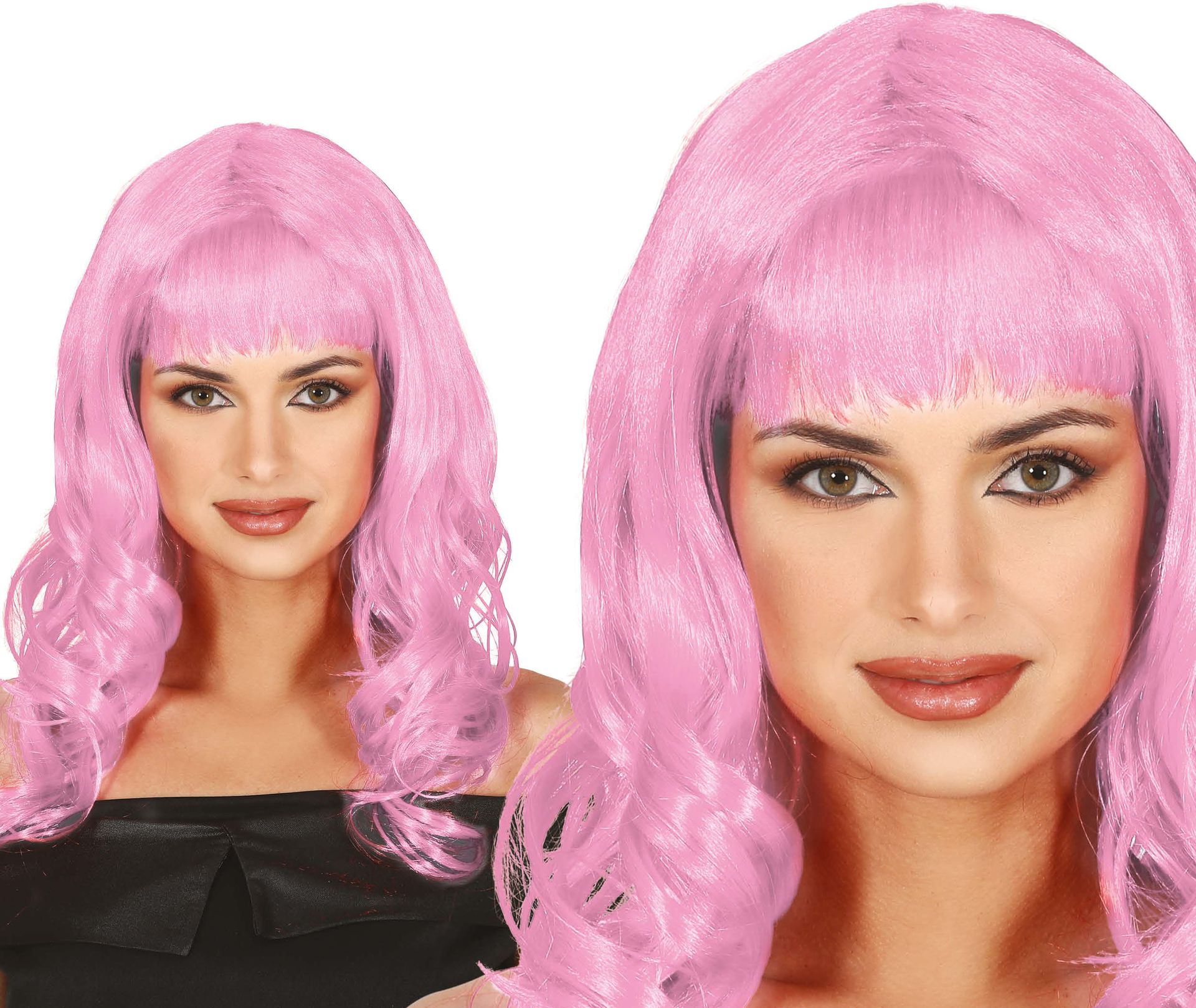 Roze Dames Pruik Lang Krullend met Pony