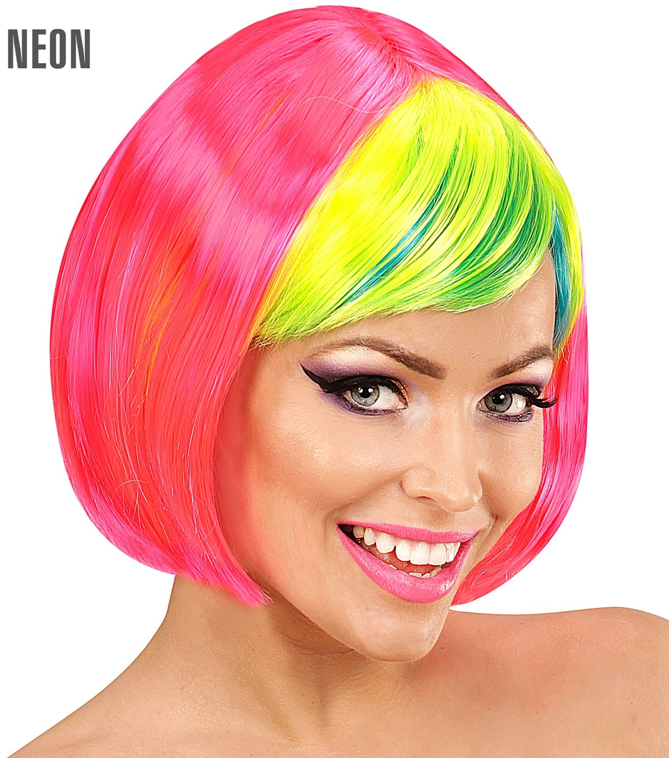 Roze Disco Pruik met Groene Pony