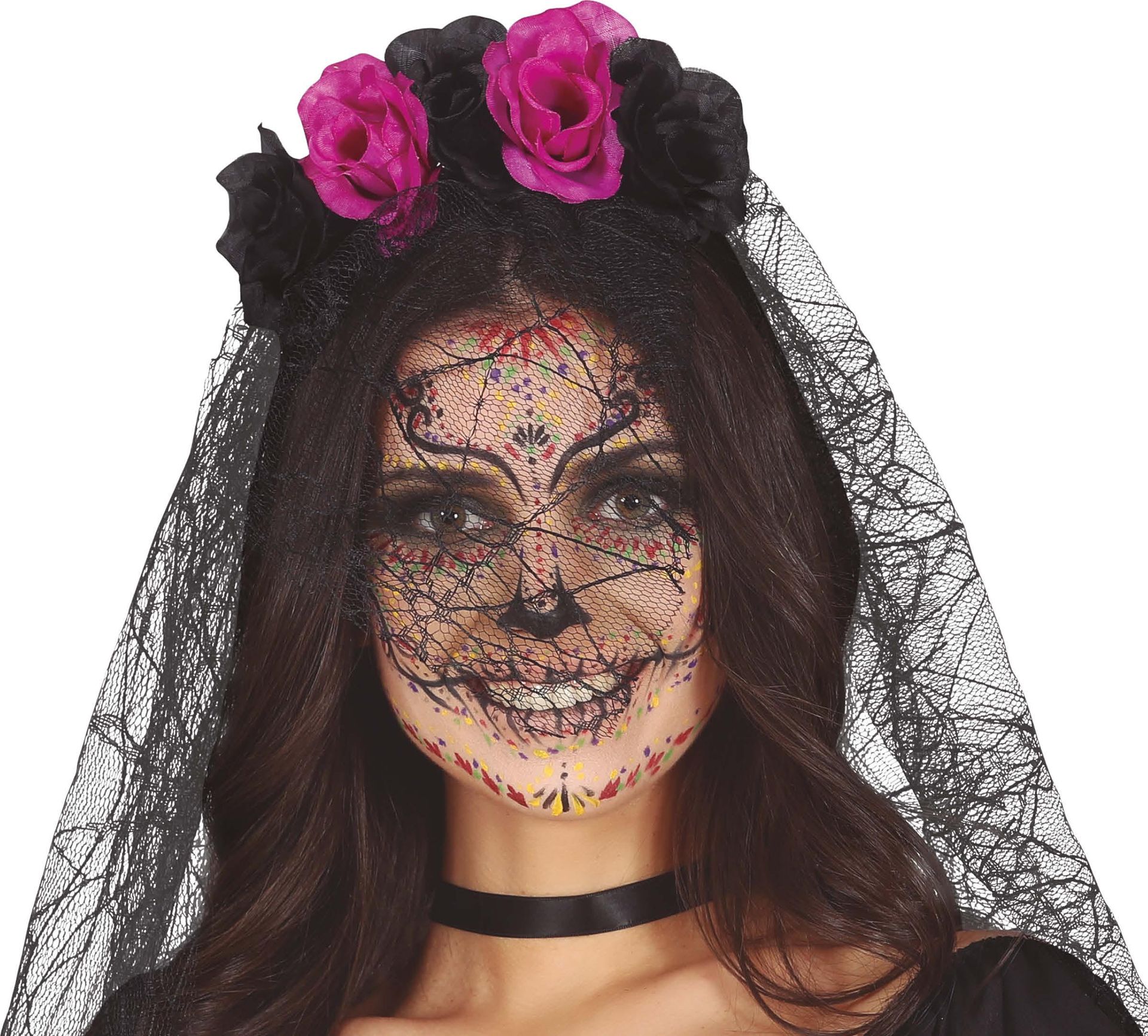Roze en Zwarte Rozen Haarband met Kanten Sluier