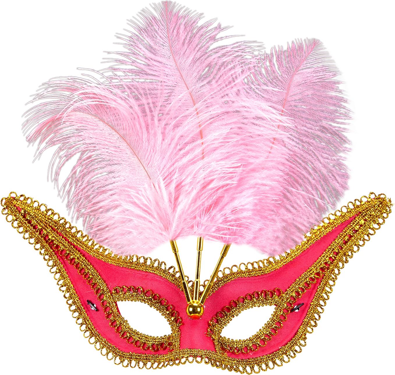 Roze Oogmasker met Gouden Rand en Veren