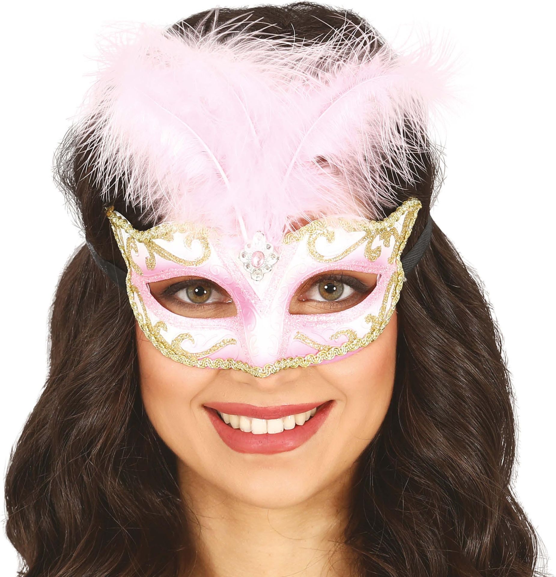 Roze Wit Venetiaans Masker met Veer