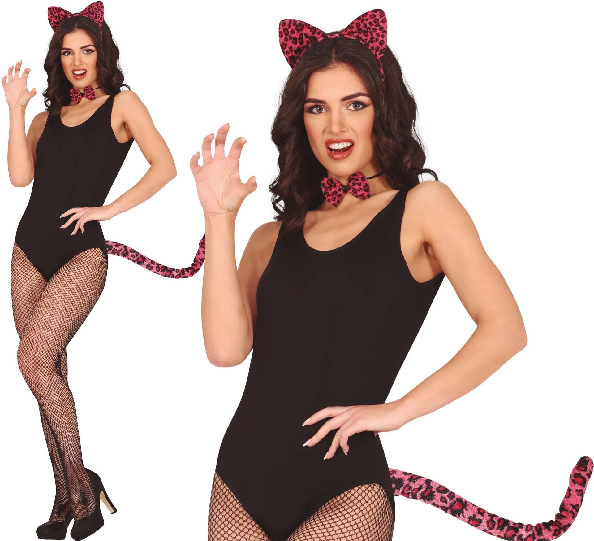 Roze Zwart Luipaard set Staart Hoofdband Vlinderdas Vrouwen