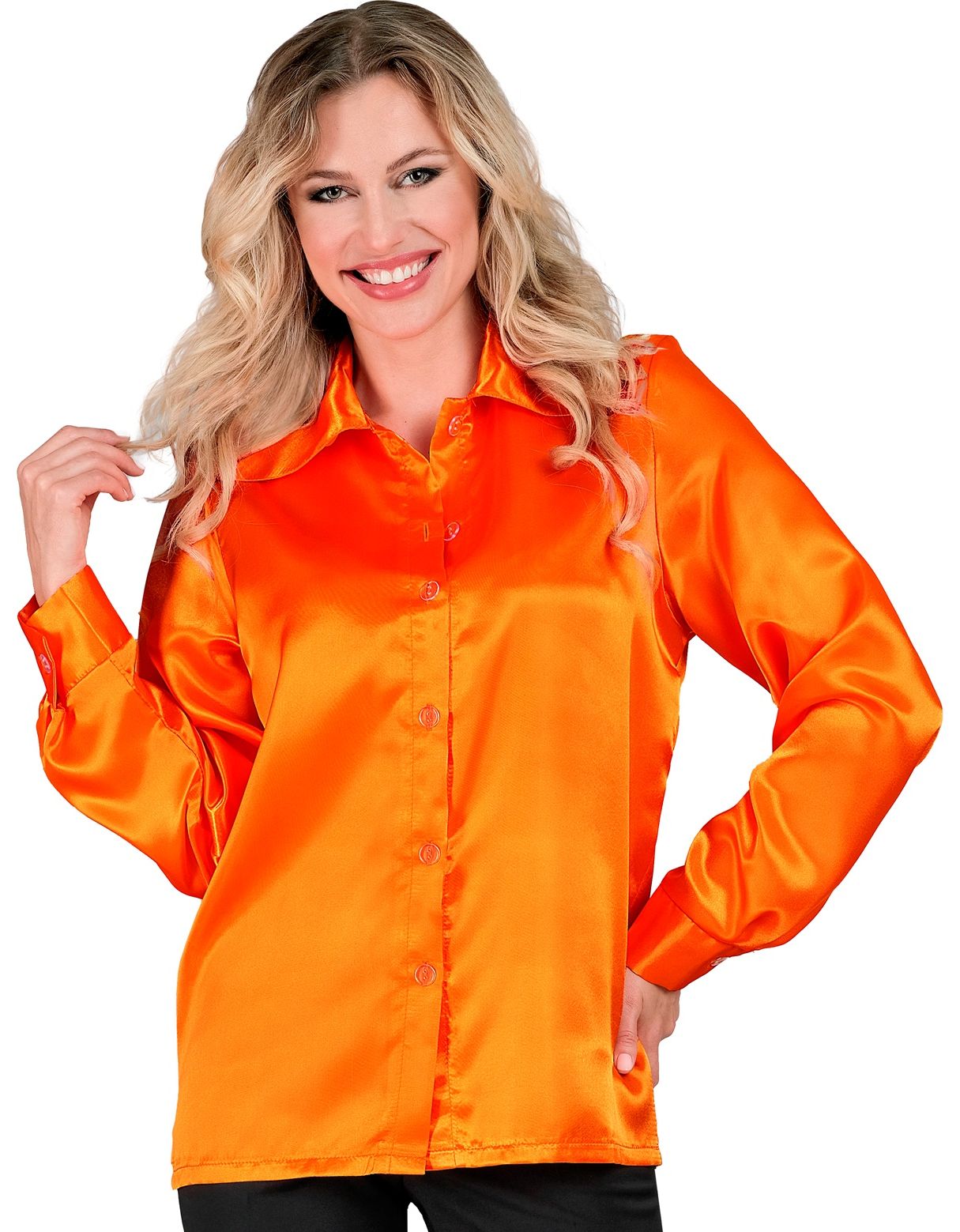 Satijnen 70s disco shirt oranje dames