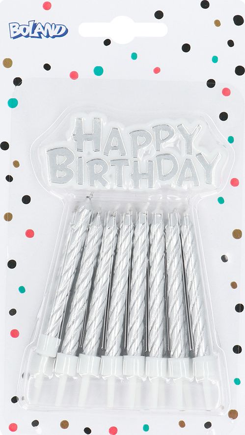 Set Van 16 Zilveren Kaarsjes met 'Happy Birthday' Topper