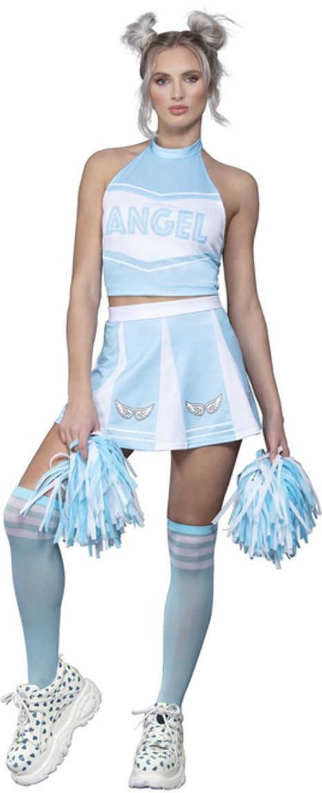 Sexy Angel Cheerleader Dames Kostuum Blauw en Wit