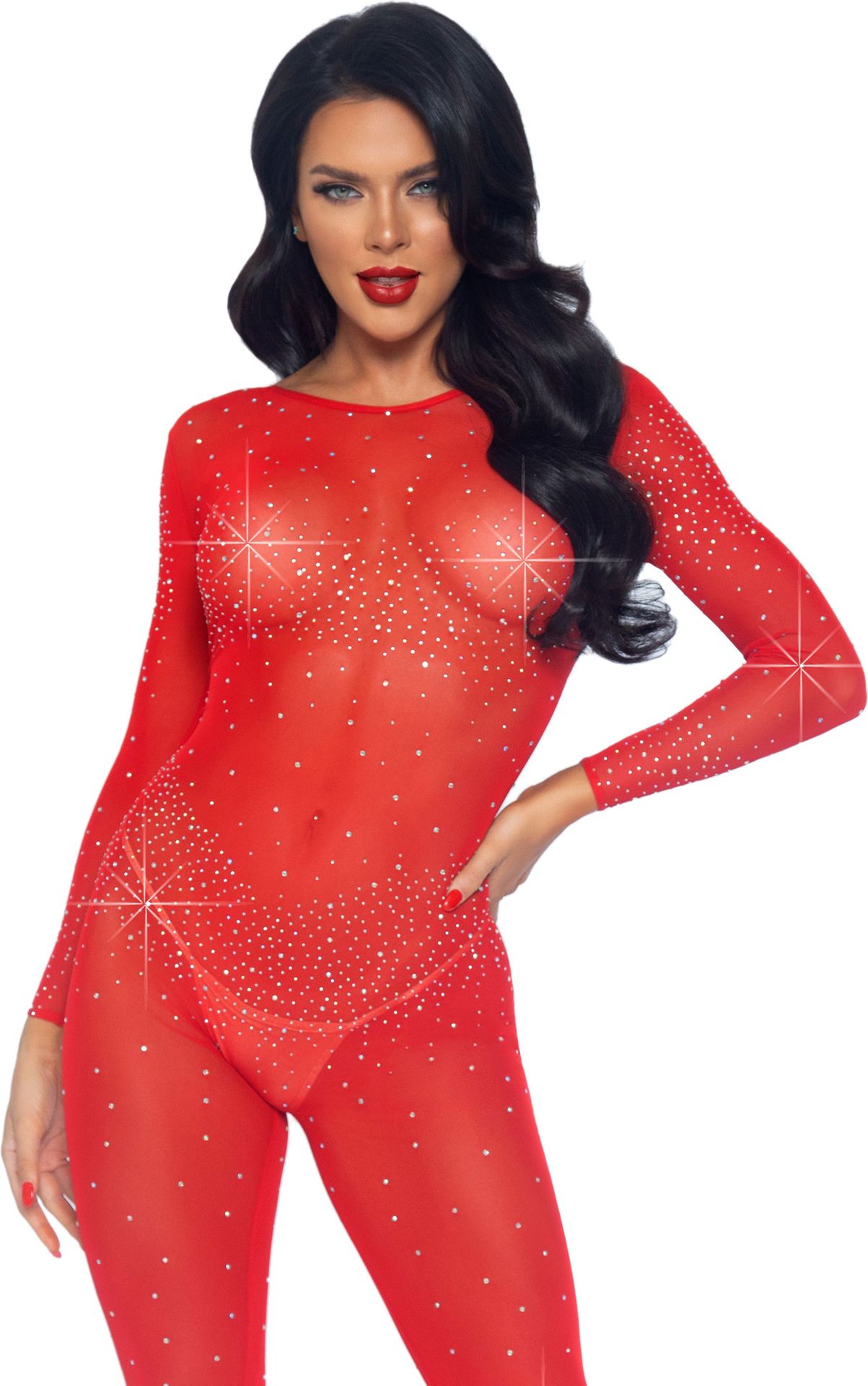Sexy Sheer Diamond Catsuit Rood