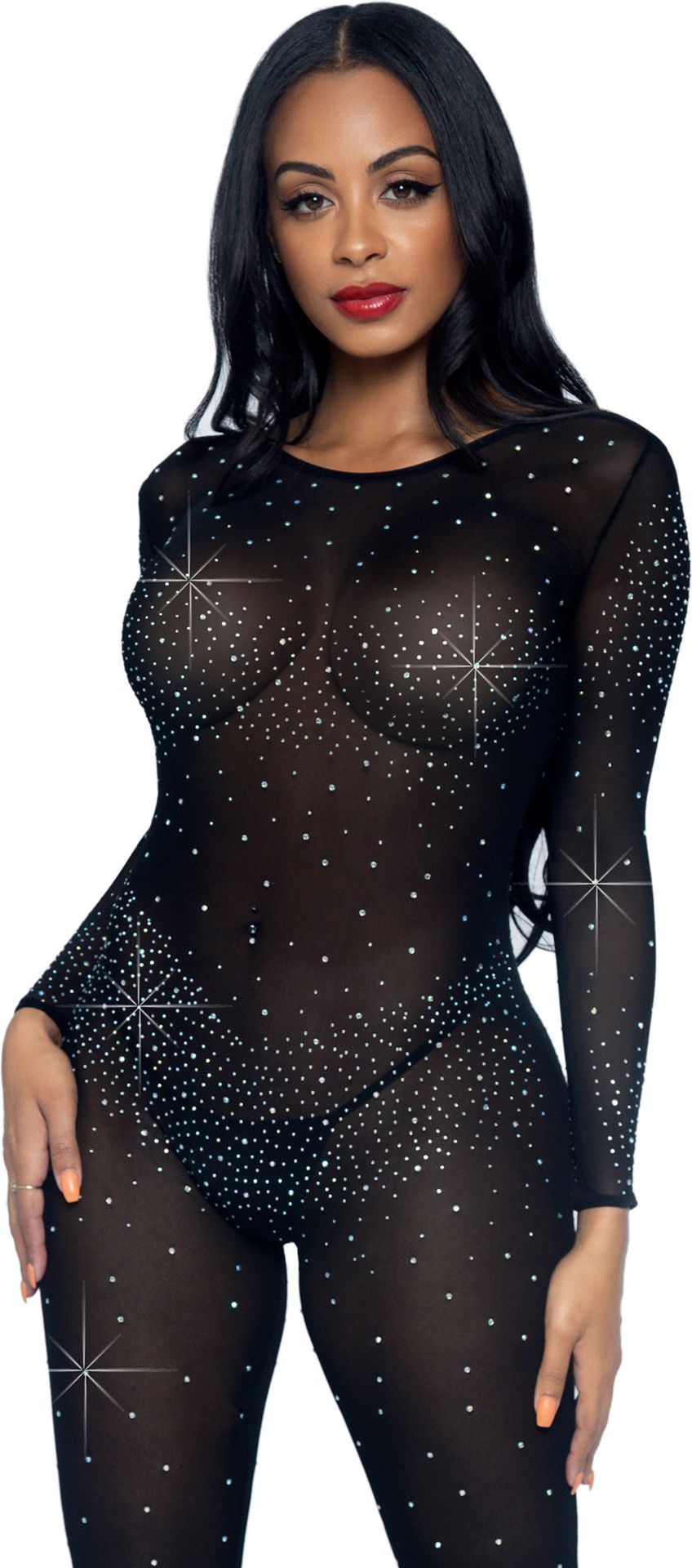 Sexy Sheer Diamond Catsuit Zwart