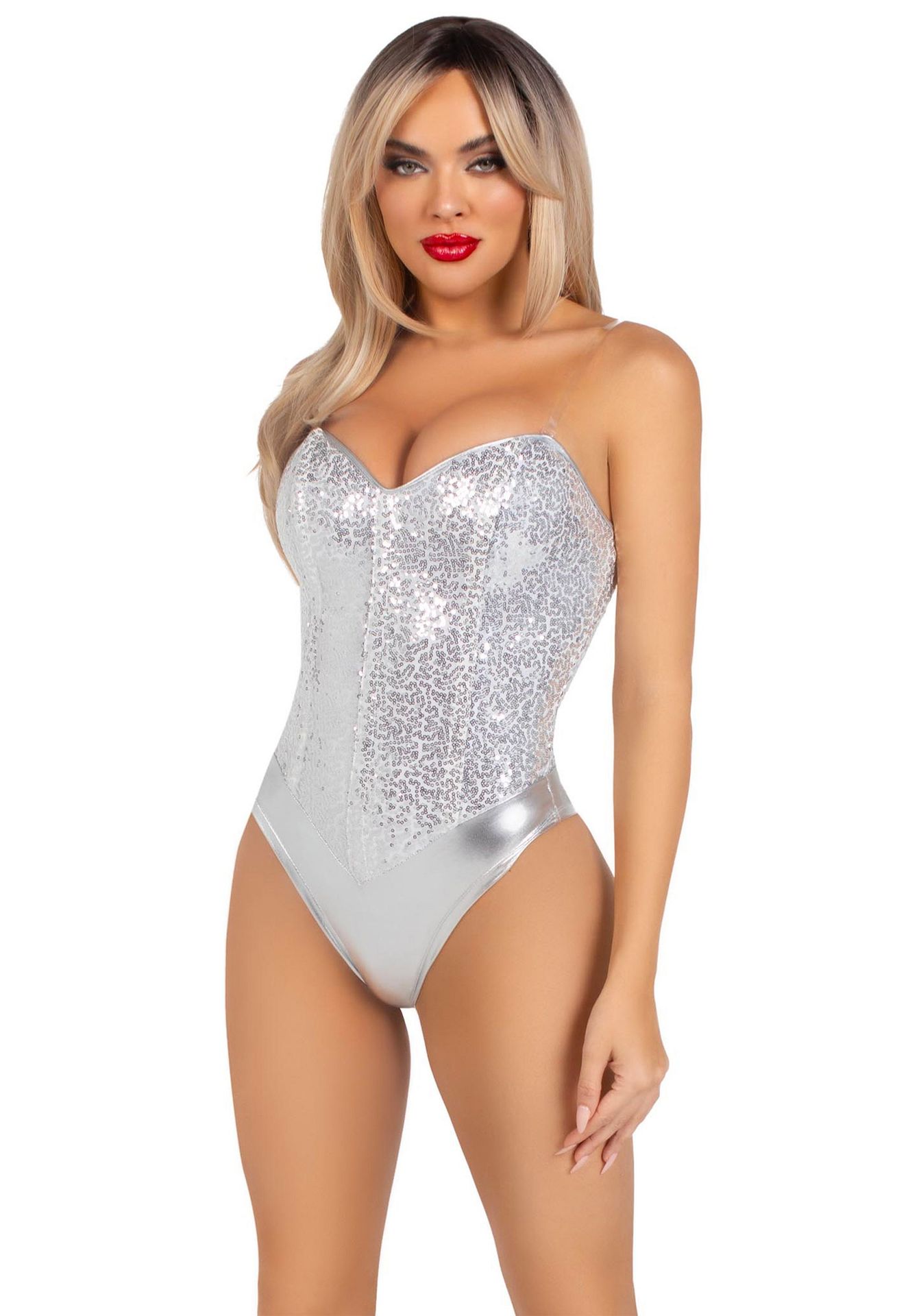 Sexy Zilveren Pailletten Korset Bodysuit Dames