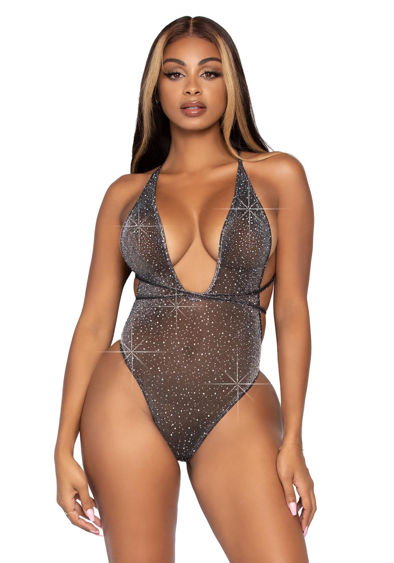 Sexy Zilveren String Bodysuit met Strass Steentjes