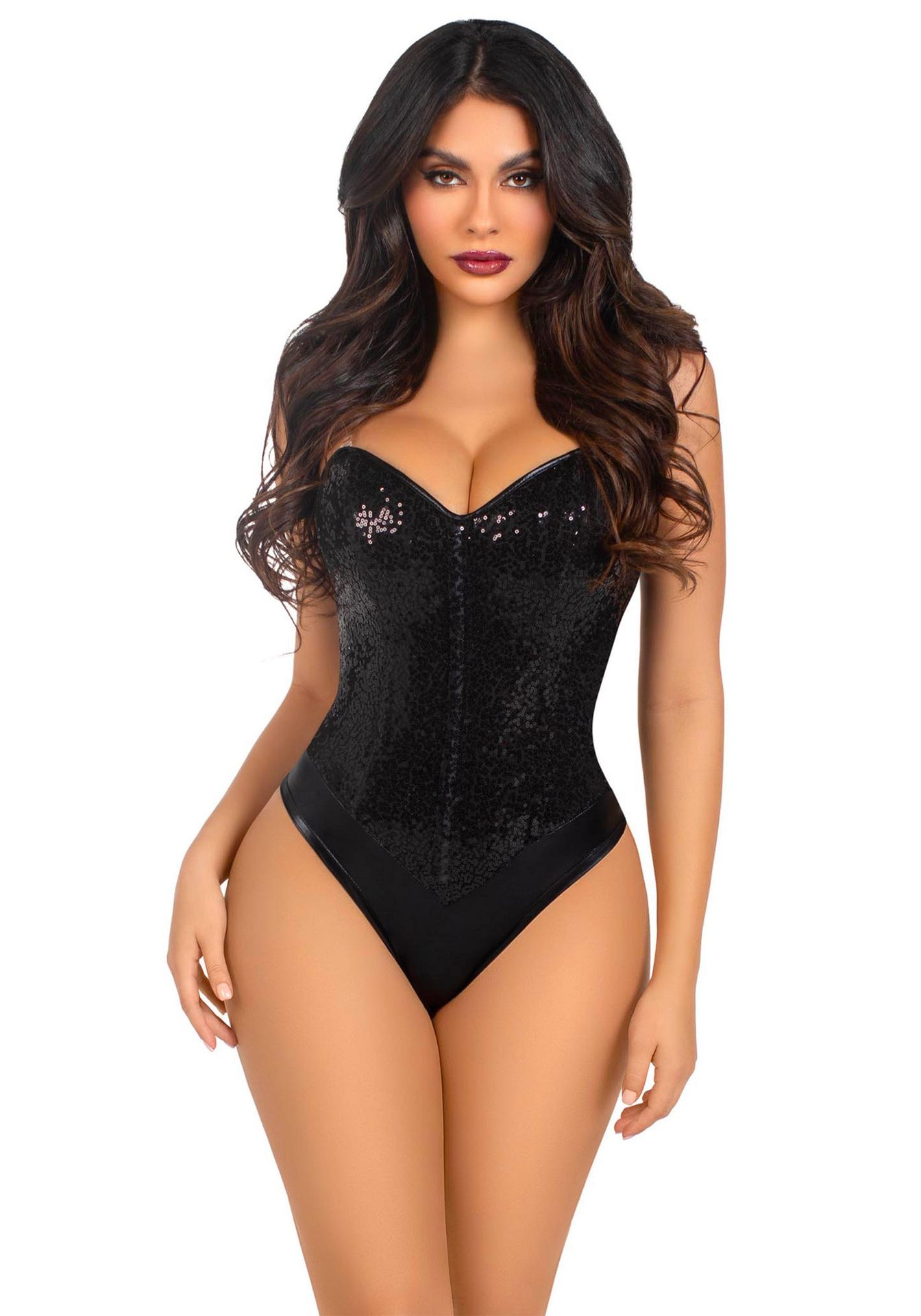 Sexy Zwarte Pailletten Korset Bodysuit Dames