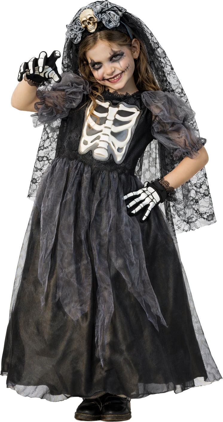Skelet Bruid Jurk Meisjes Zwart Halloween met Sluier