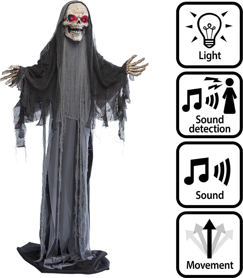 Staand Geraamte met Gewaad Pop Halloween Licht Geluid Beweging