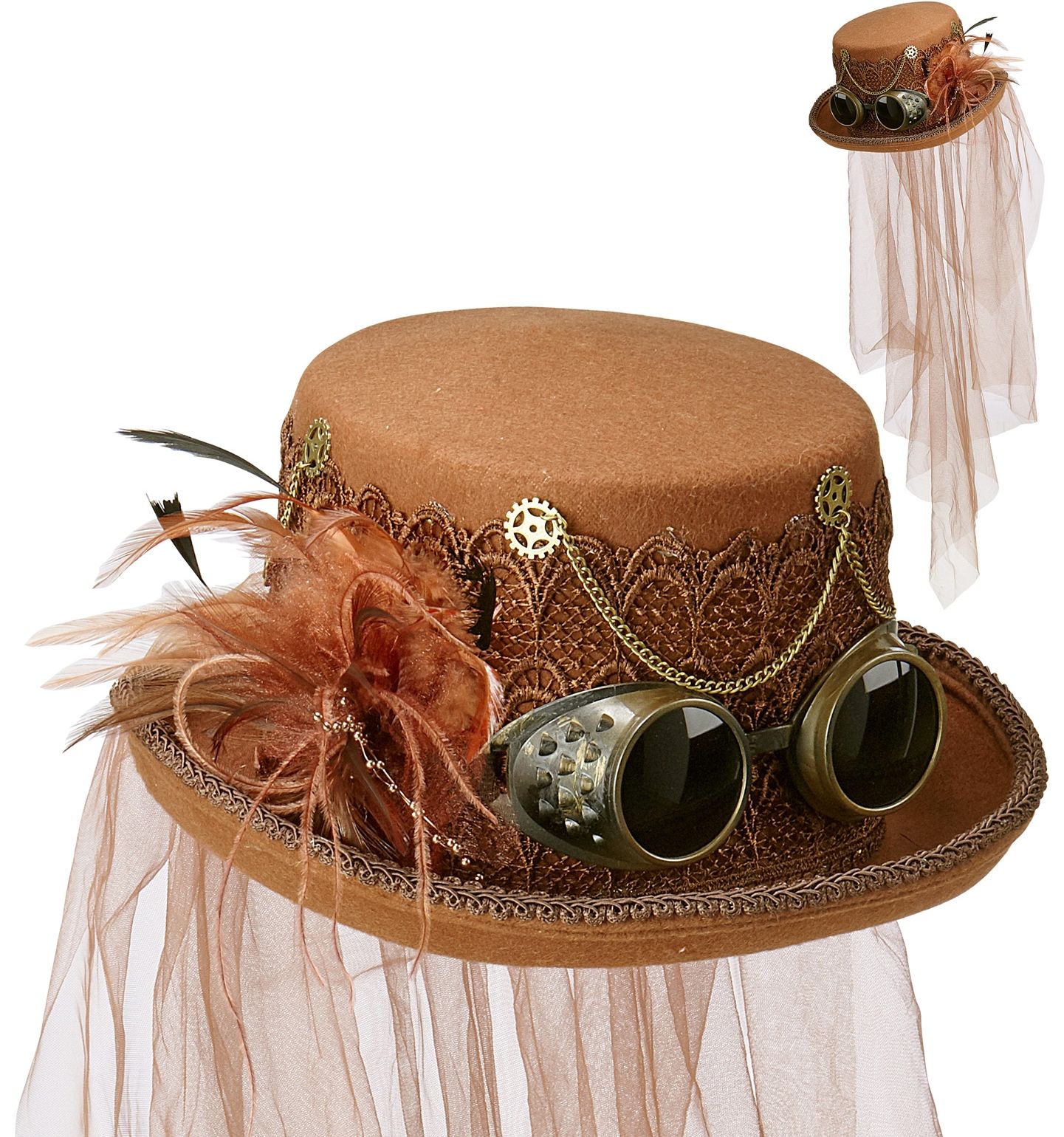 Steampunk Hoed met Sluier Bruin