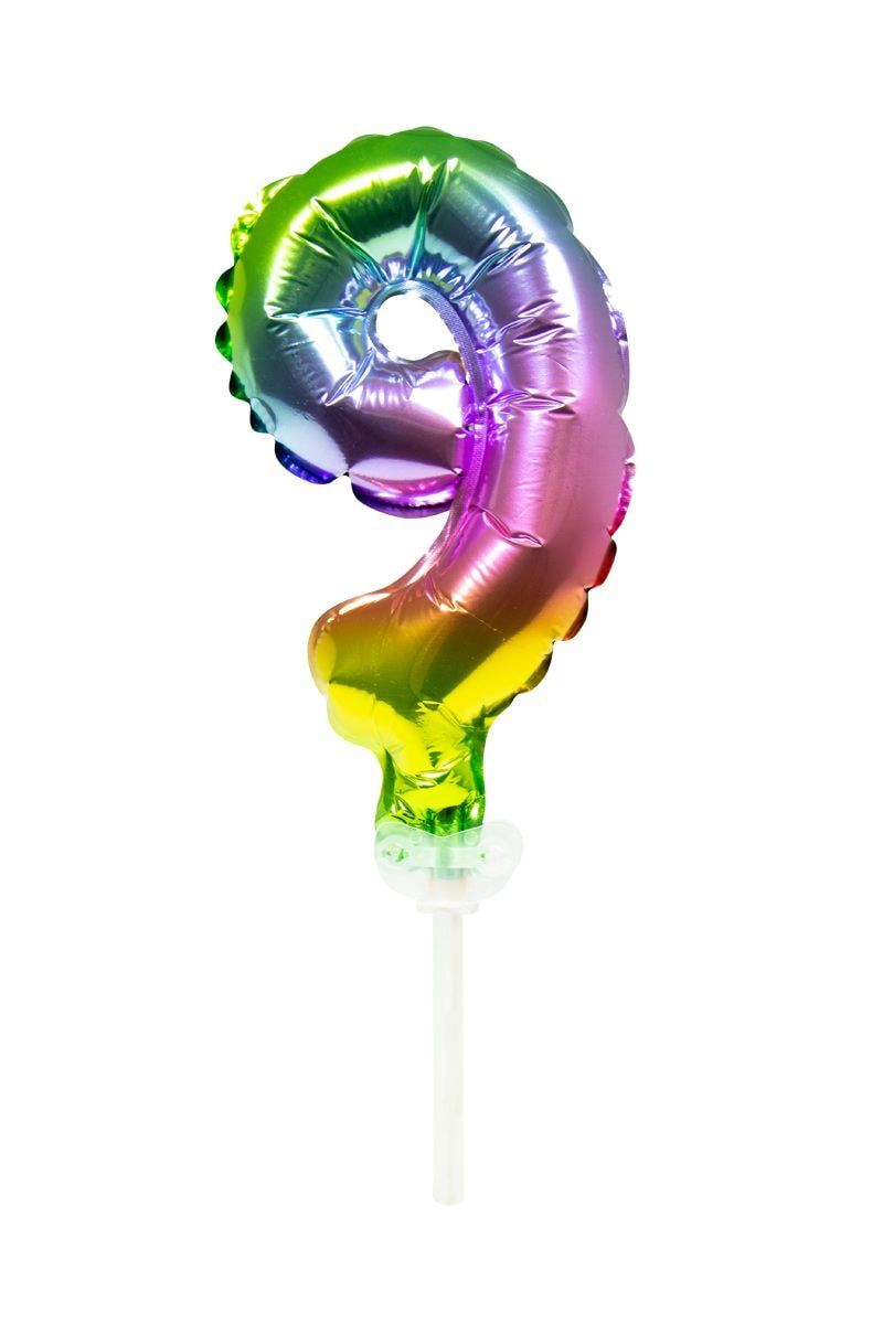 Taart topper cijfer 9 rainbow folieballon