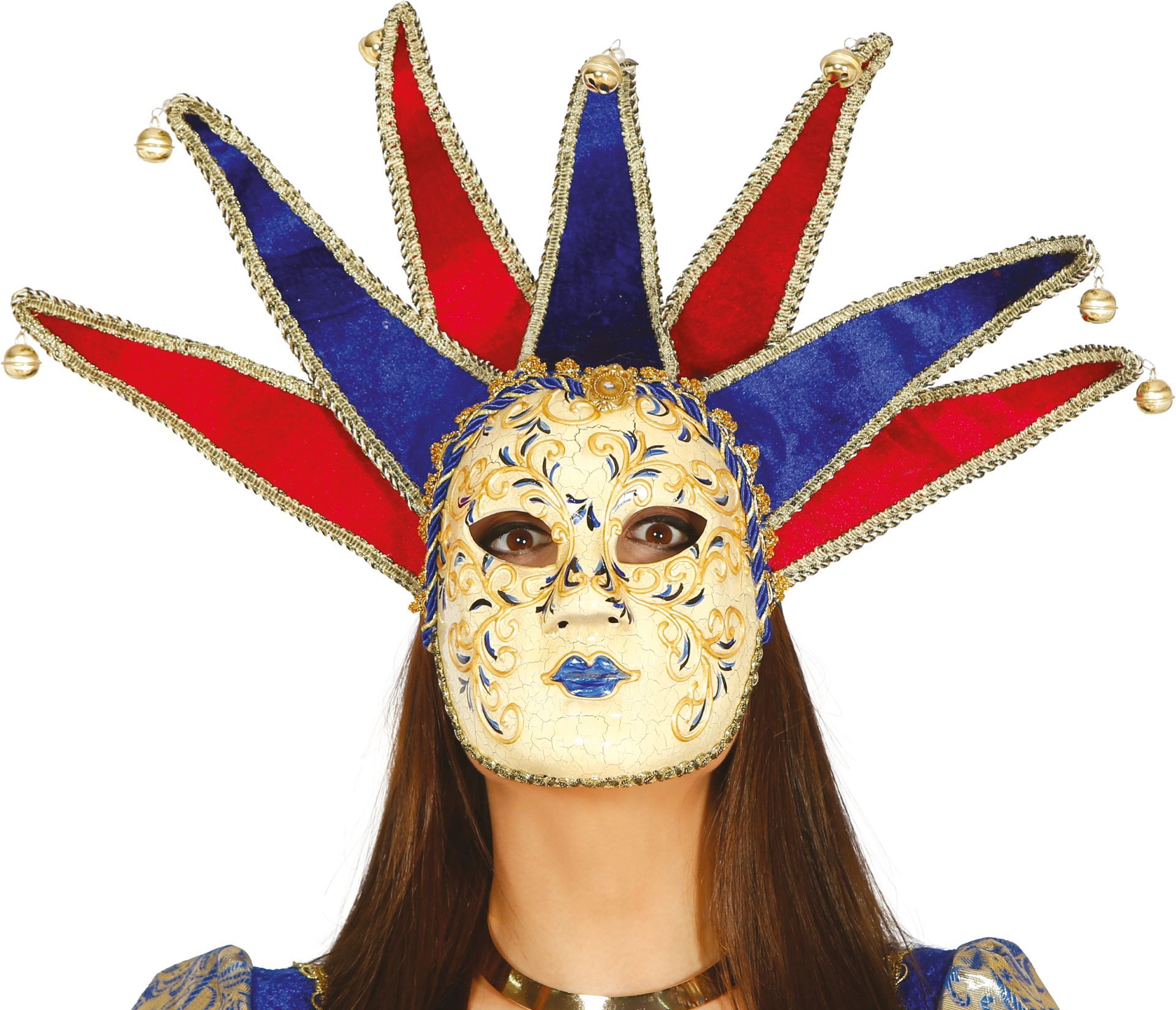 Venetiaans Narren Masker met Belletjes Blauw Rood