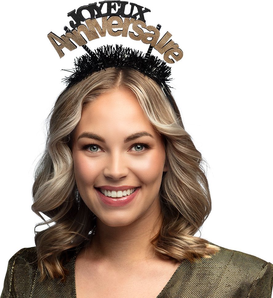 Verjaardag 'Joyeux Anniversaire' Diadeem Zwart/Goud