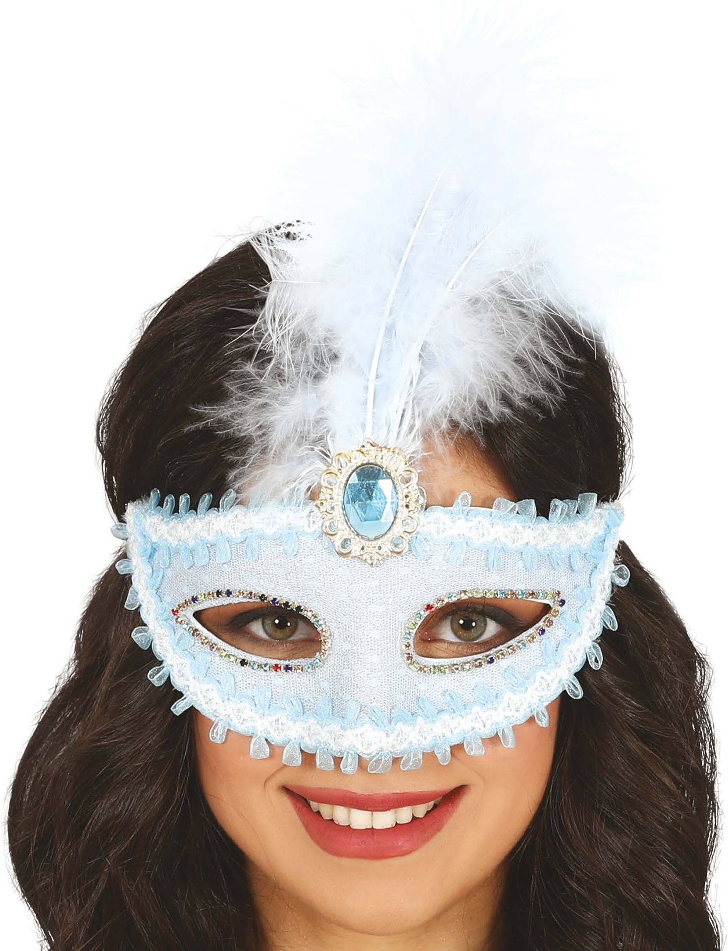 Wit Blauw Venetiaans Masker met Veer