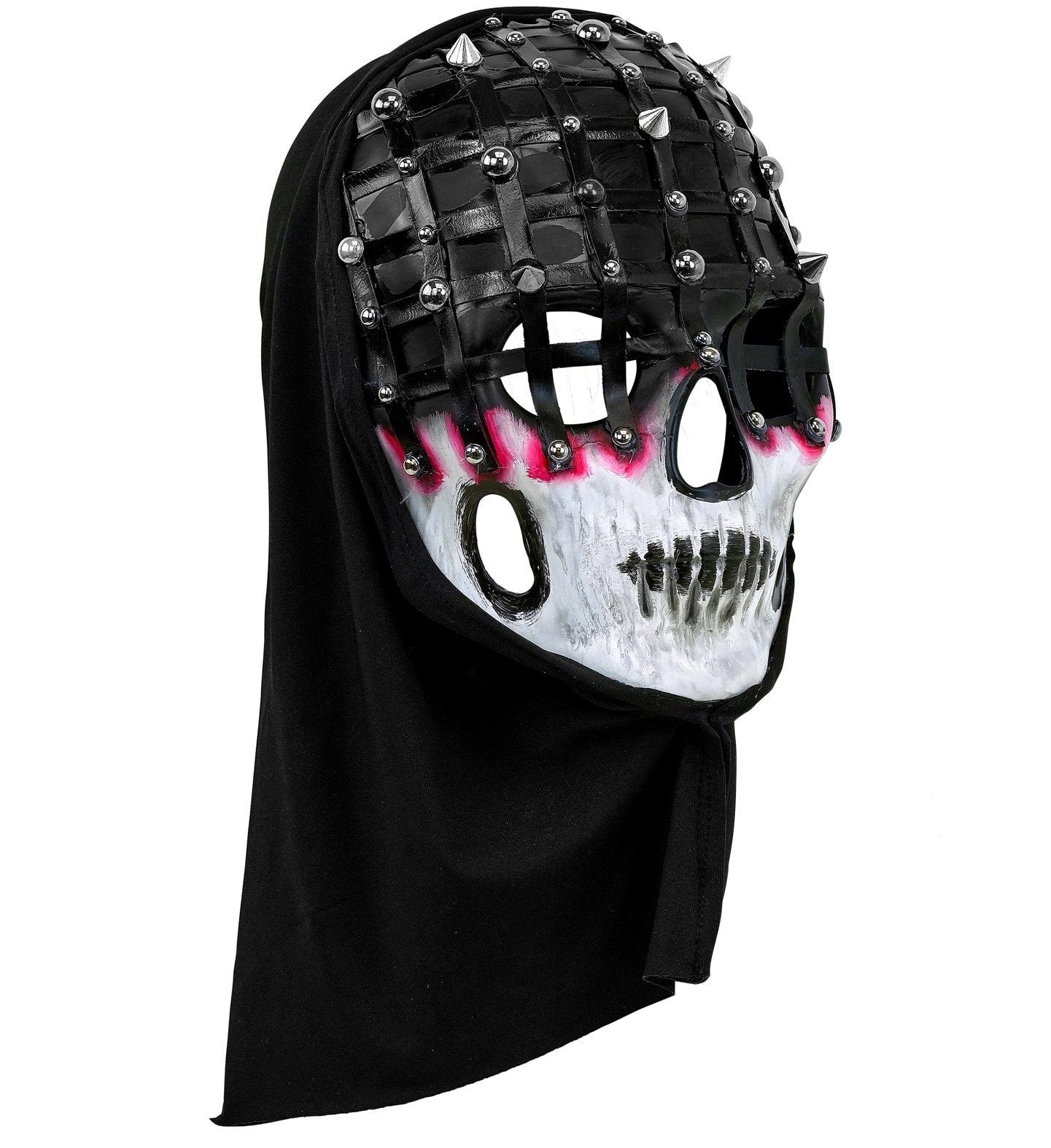 Wit Zwart Horror Masker met Studs en Zwarte Kap