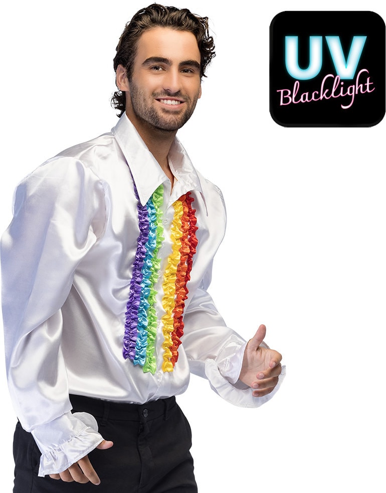 Witte Disco Blouse Heren met Regenboog Ruches